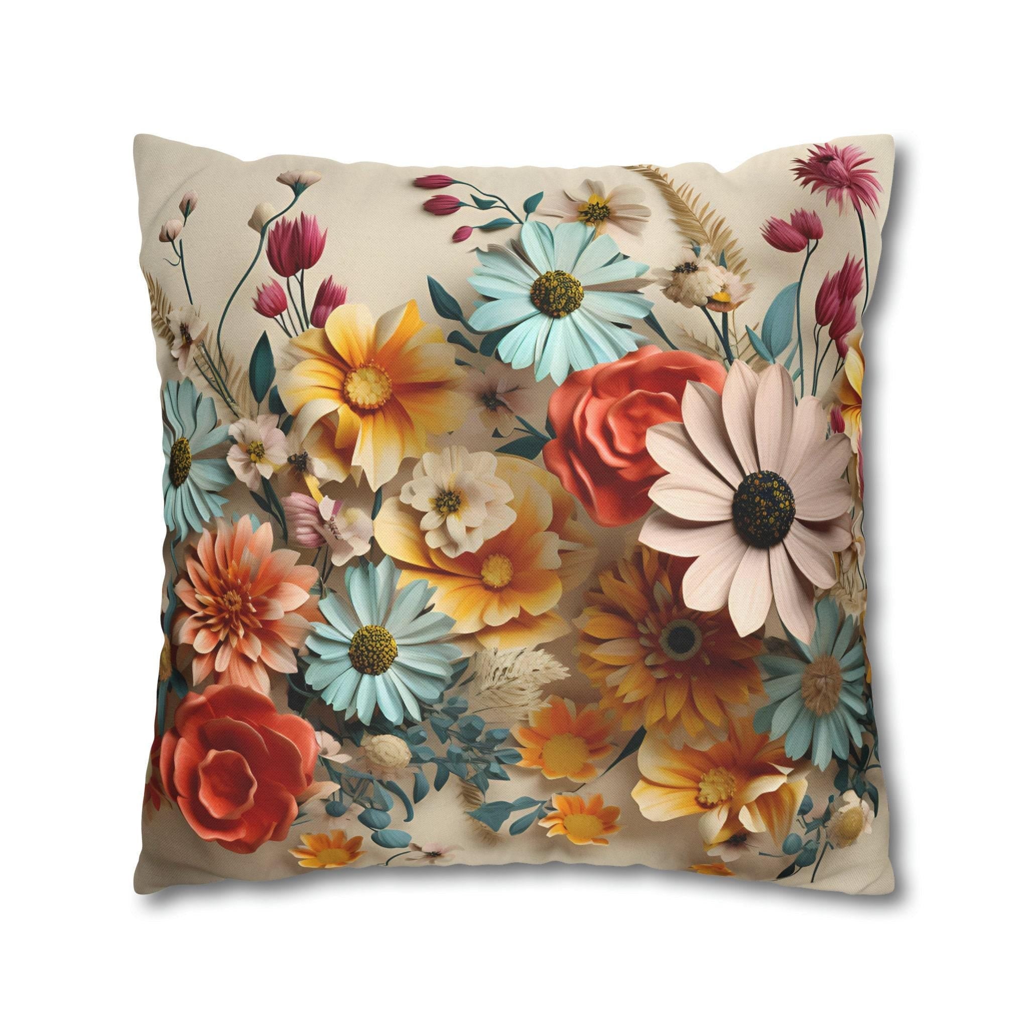 Vintage Style Floral Pillow Cover: Vibrant Flower Meadow Design
