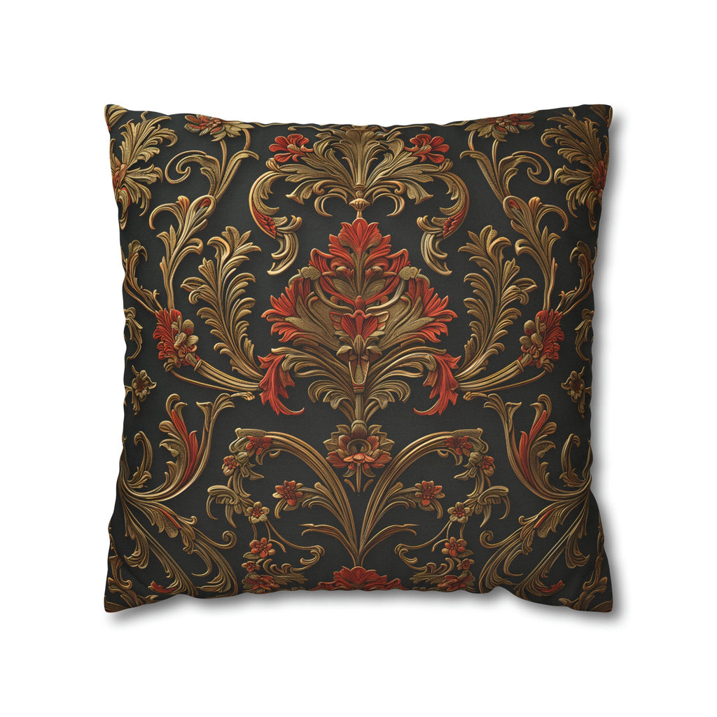 Classic Baroque Pattern Pillow Cover | Dark Background with Red & Gold | Traditional Elegance