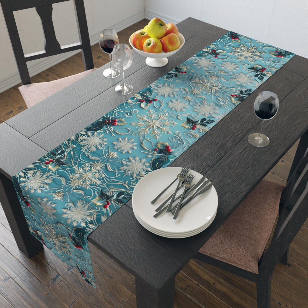 Elegant Blue Christmas Table Runner with Snowflakes, Holly Leaves, and Berries for Festive Dining