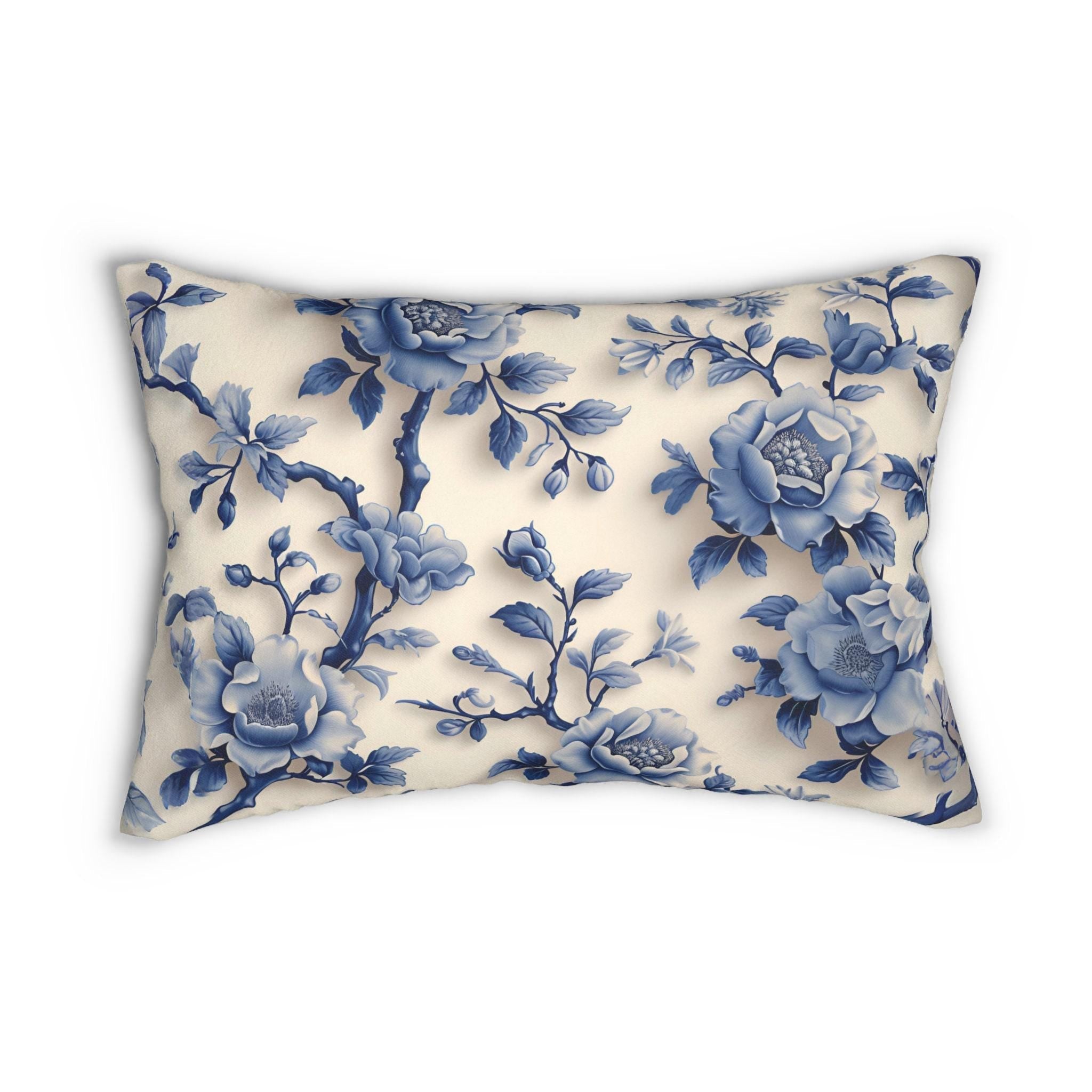Elegant Chinoiserie Floral Lumbar Pillow - Asian-Inspired Porcelain Design Home Accent (20x14)