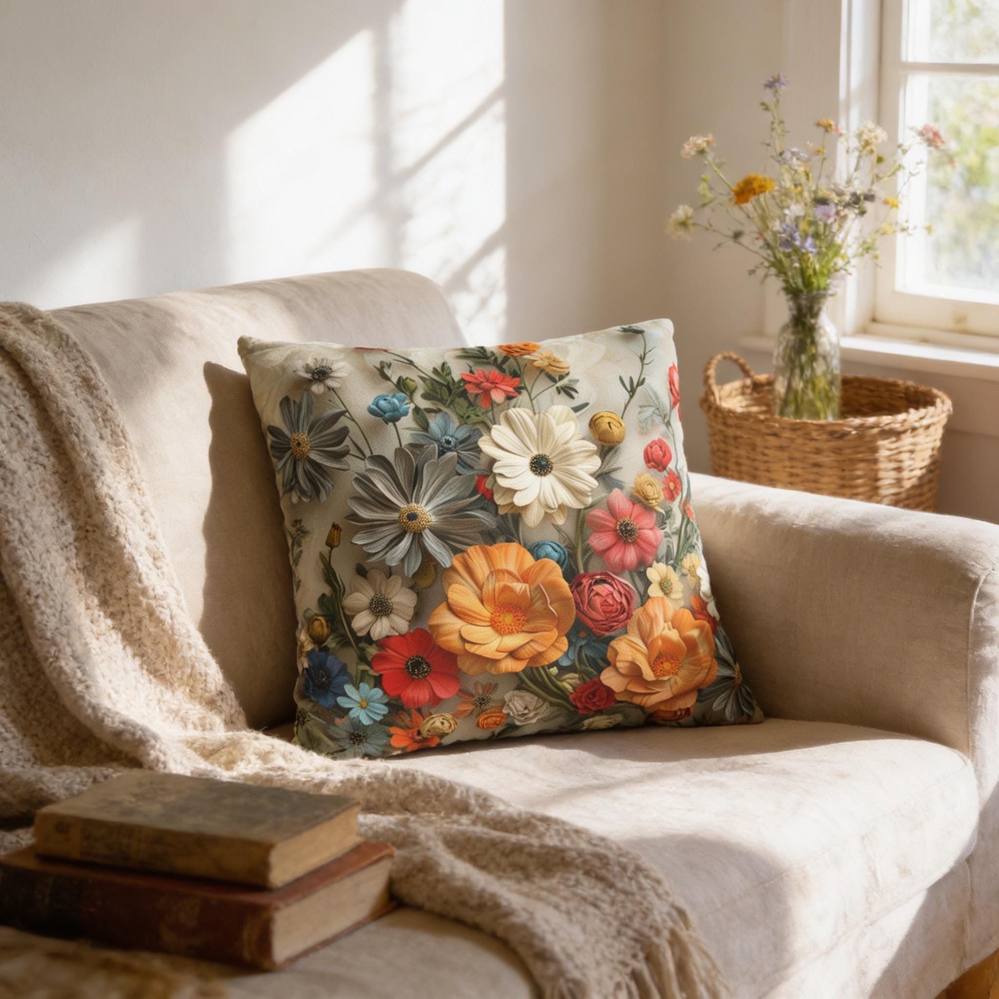 Floral Pillow Cover: Boho Botanical Print - Vibrant Cottagecore Accent