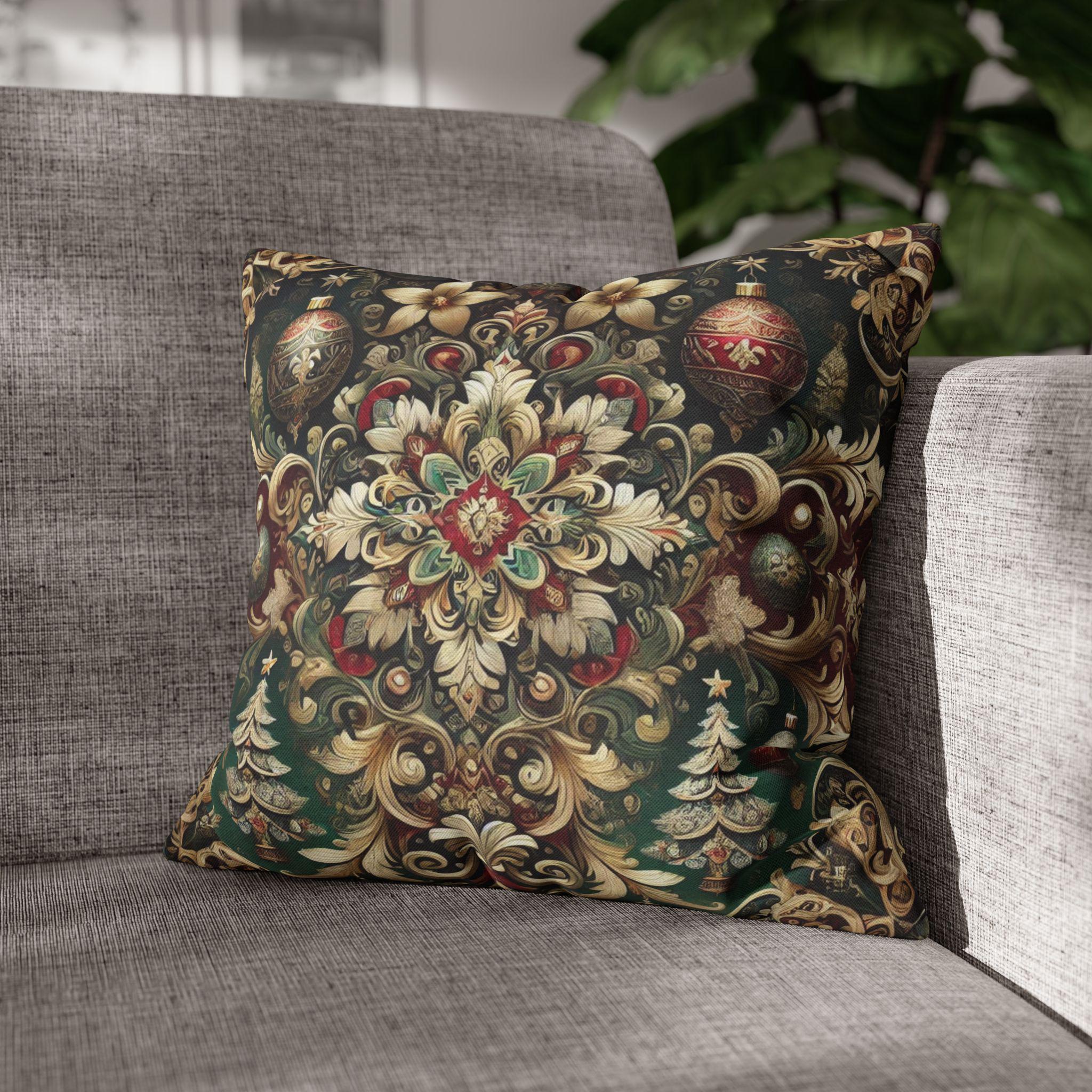 Baroque Christmas Square Pillow Cover, Gold Red Green Ornaments, Vintage Style Luxury Design Pillowcase