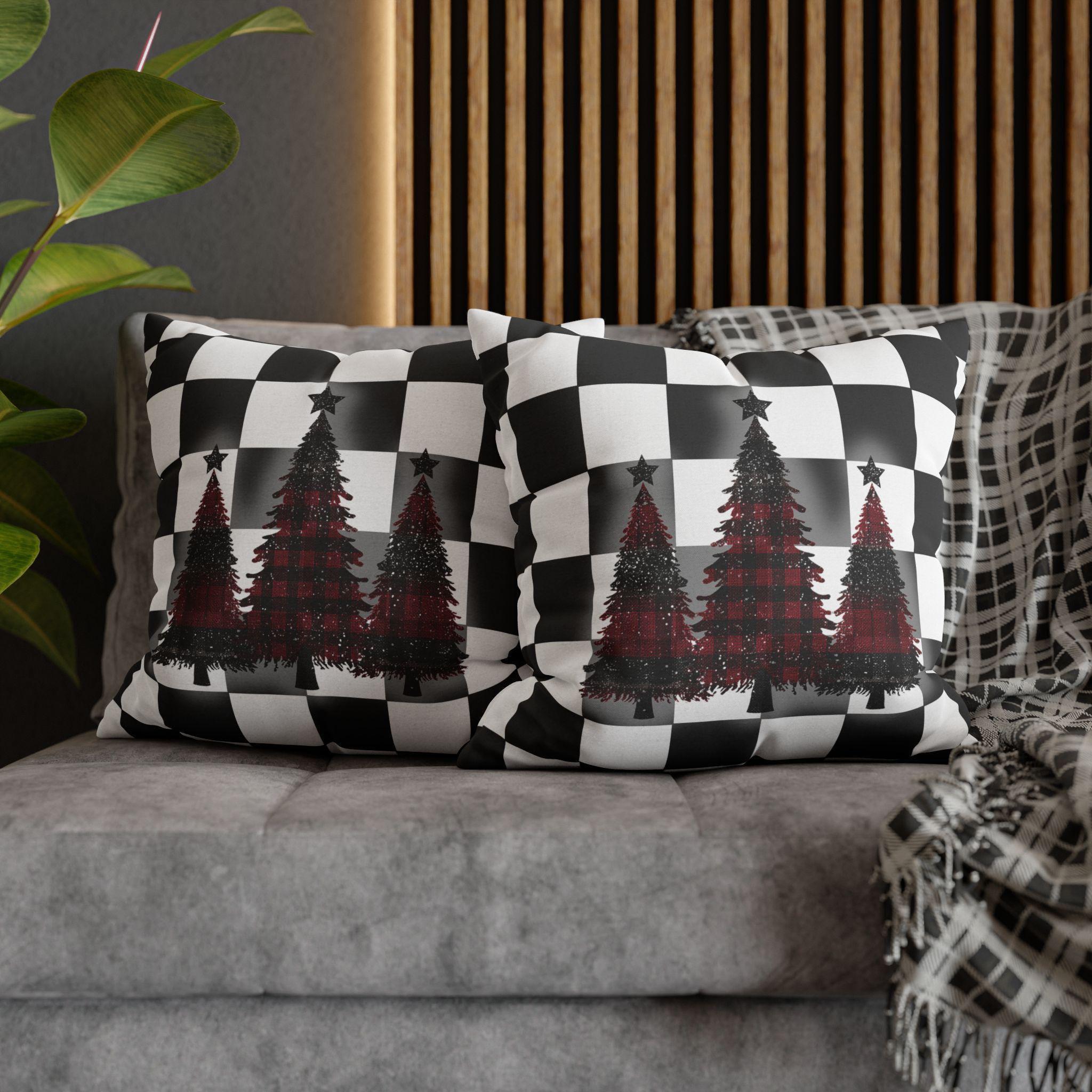 Buffalo Check Christmas Pillow Cover - Red, Black, White Plaid Trees