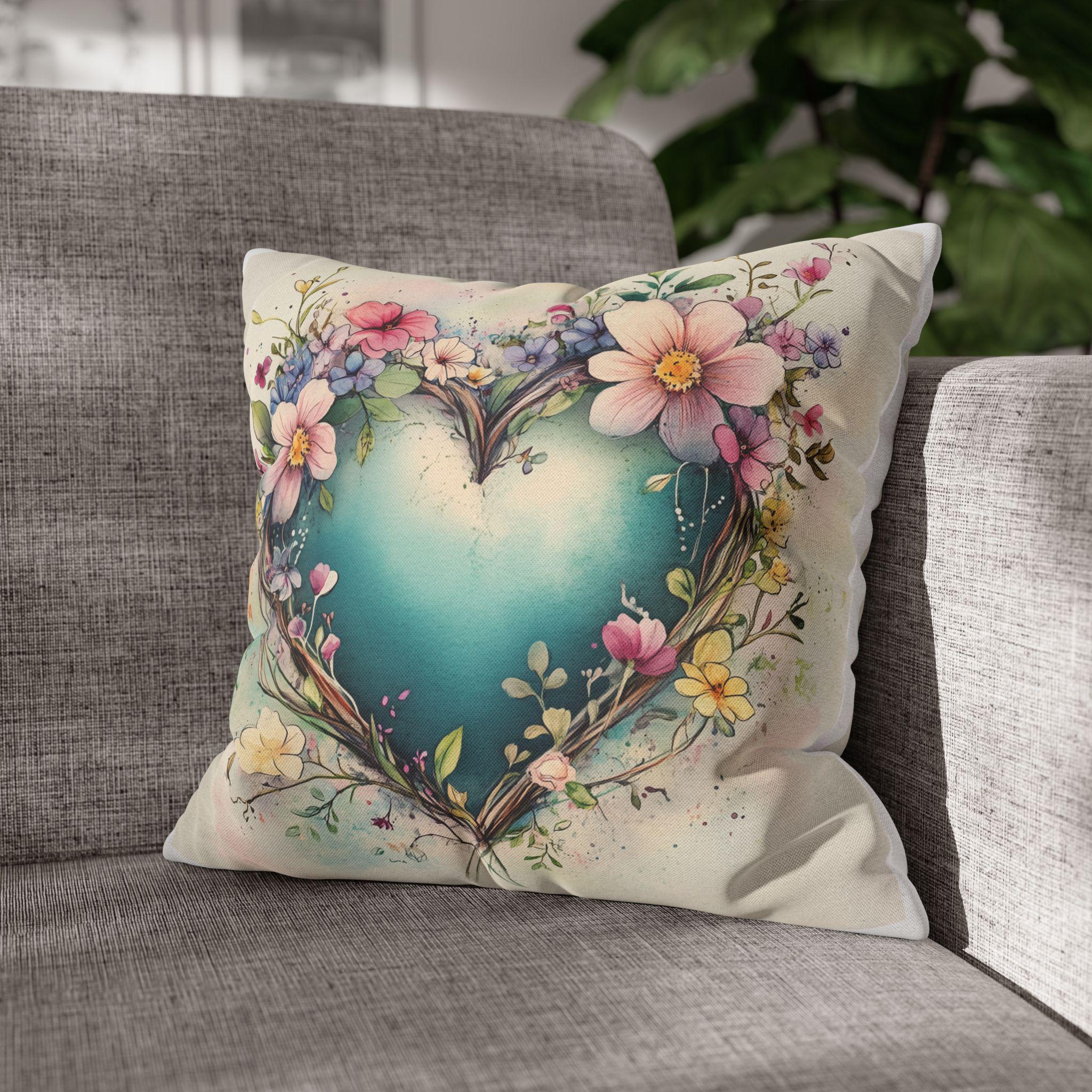 Romantic Floral Heart Wreath Pillowcase: Whimsical Square Cushion Cover for Home Decor & Gifts