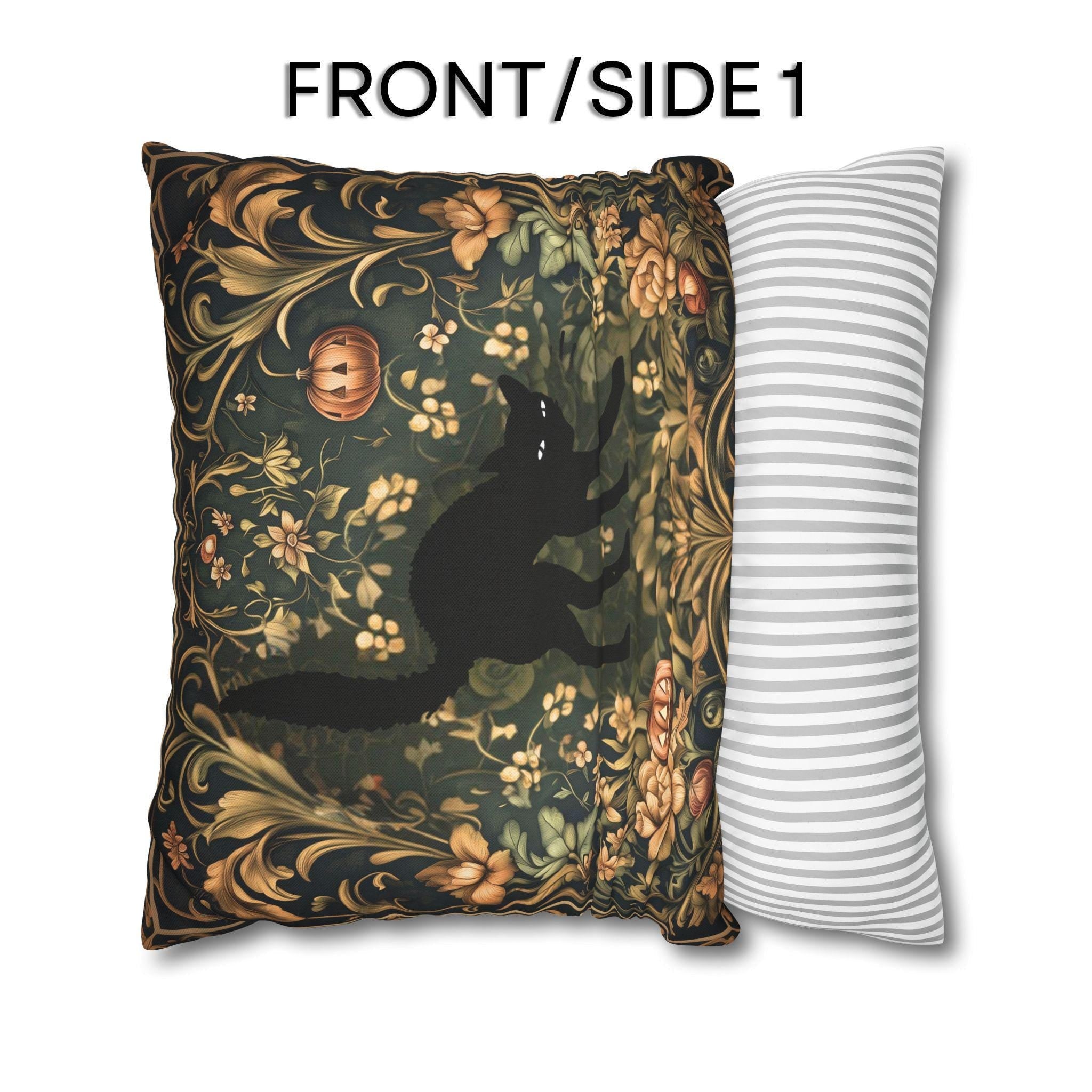 William Morris Inspired Fall Pillow Cover: Black Cat Halloween Botanical Decor