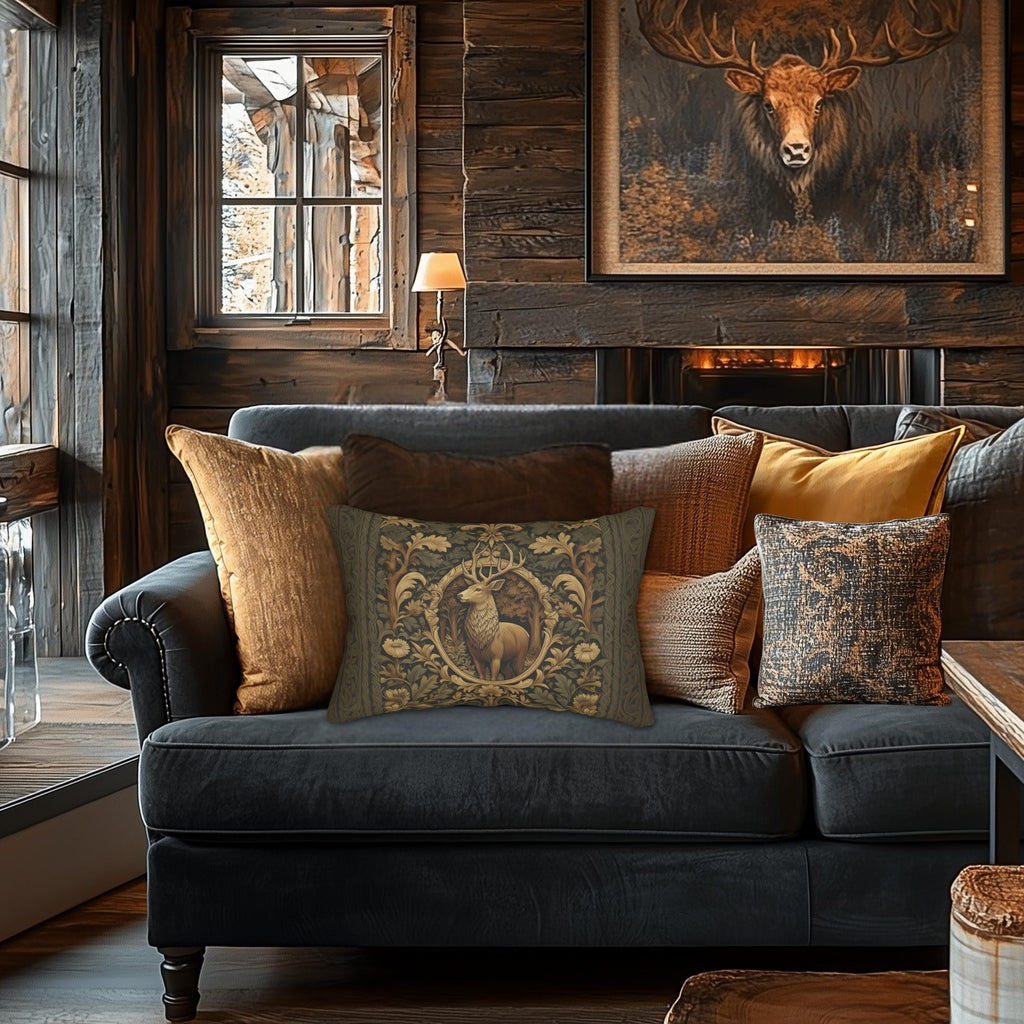 William Morris Inspired Noble Stag Lumbar Pillow: Botanical Woodland Design
