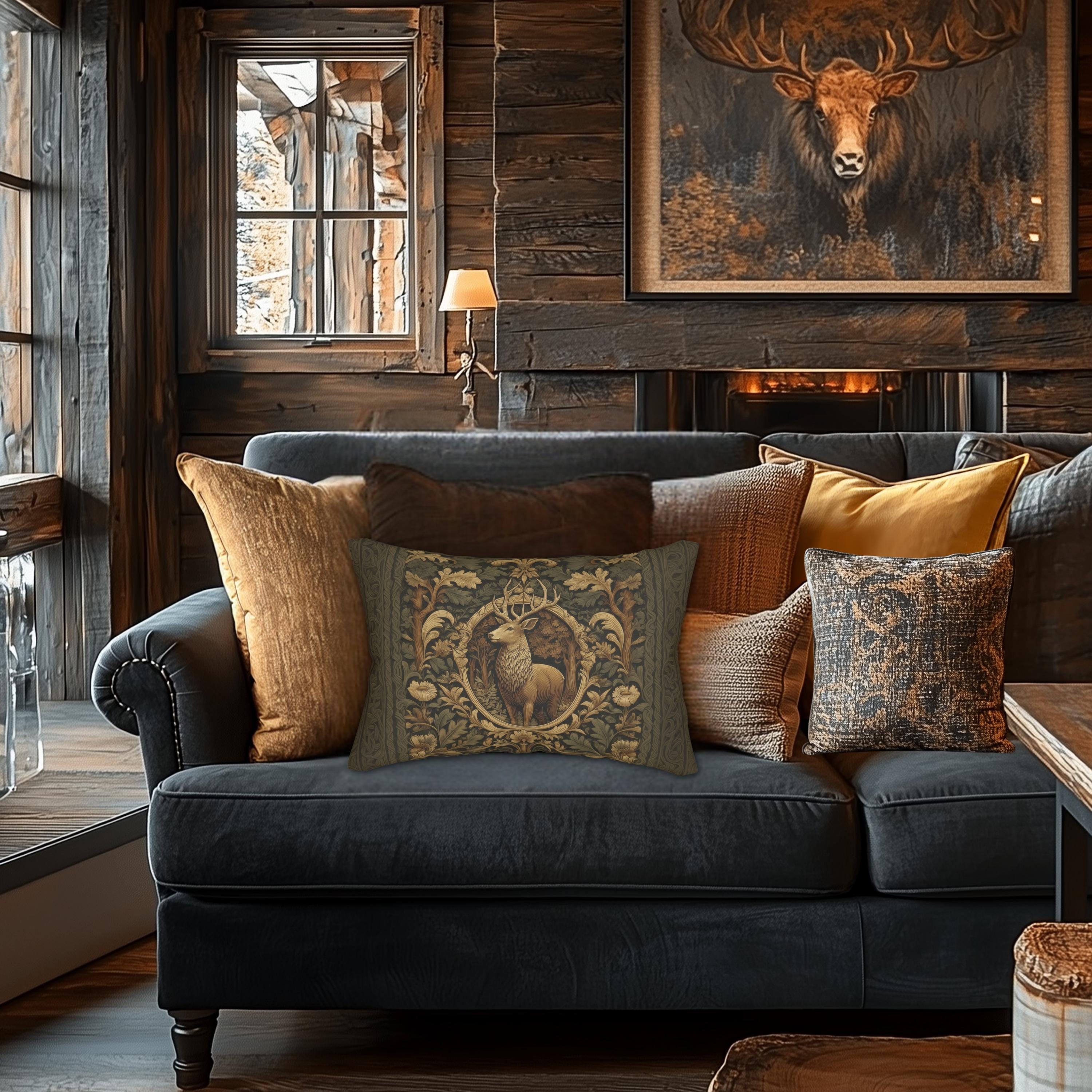 William Morris Inspired Noble Stag Lumbar Pillow: Botanical Woodland Design