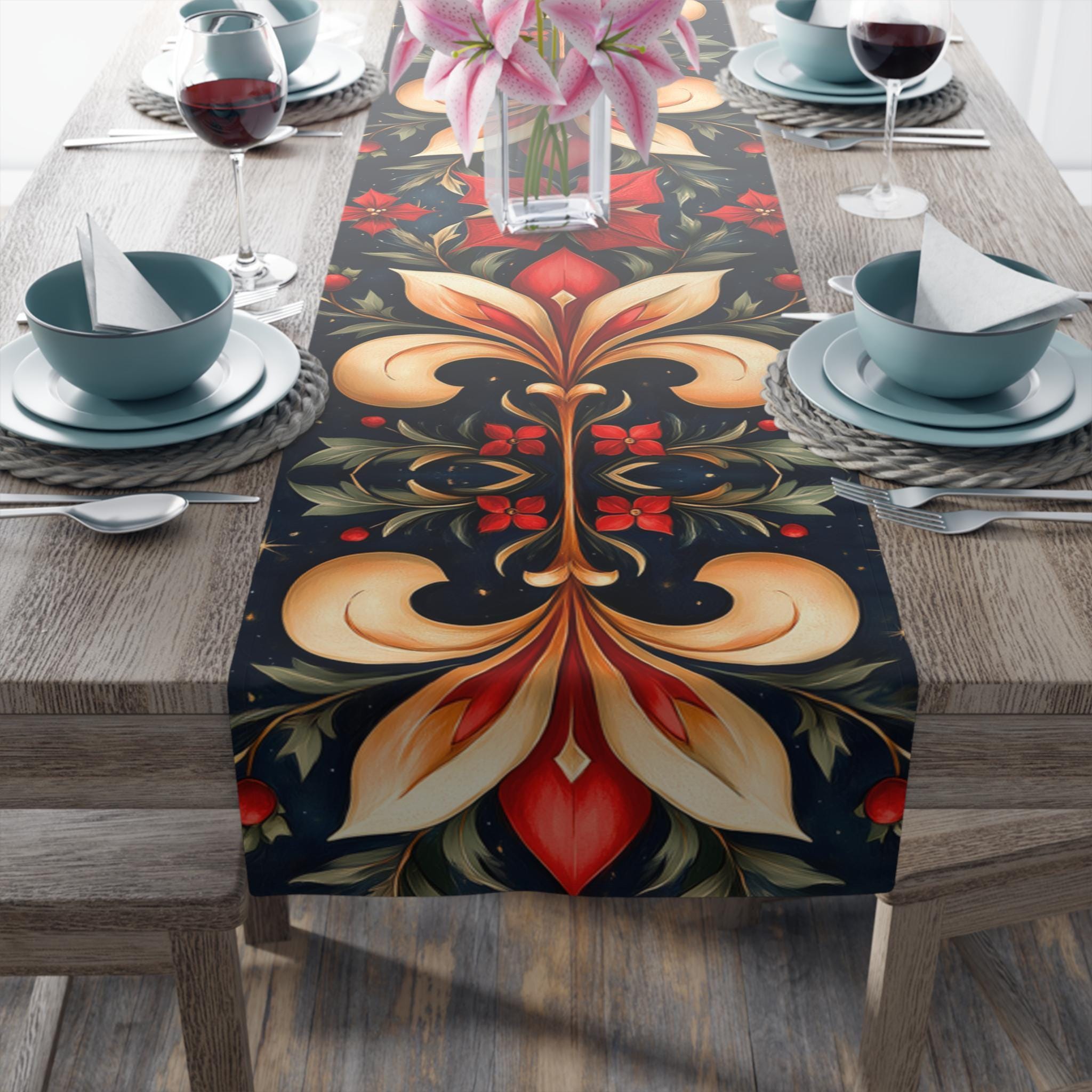 Holiday Fleur-de-lis Table Runner, Red Gold Christmas Decor