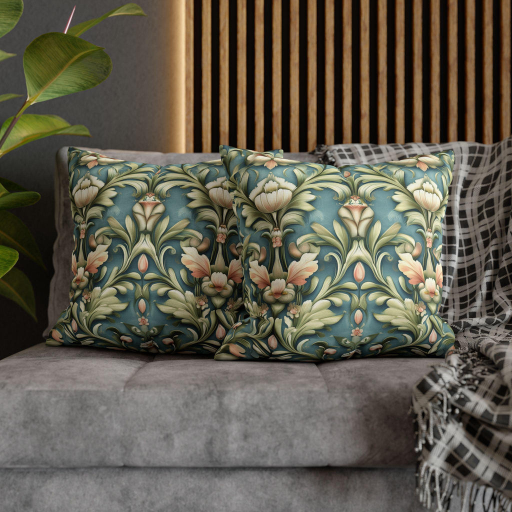 William Morris Inspired Pillow Cover: Teal Floral Botanical Cushion