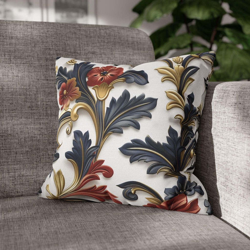 Luxurious Baroque-Inspired Floral Pillow Cover: Navy, Gold, Red on White Background