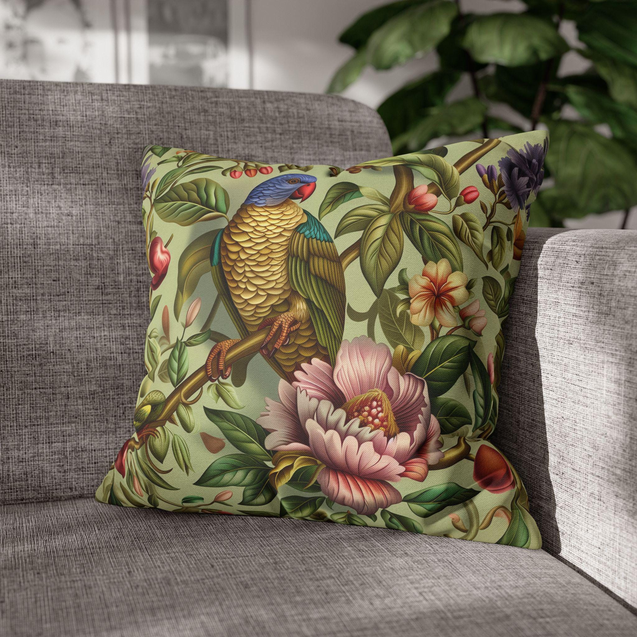 William Morris Inspired Tropical Parrot Pillowcase: Exotic Jungle Floral Cushion Cover for Home Decor