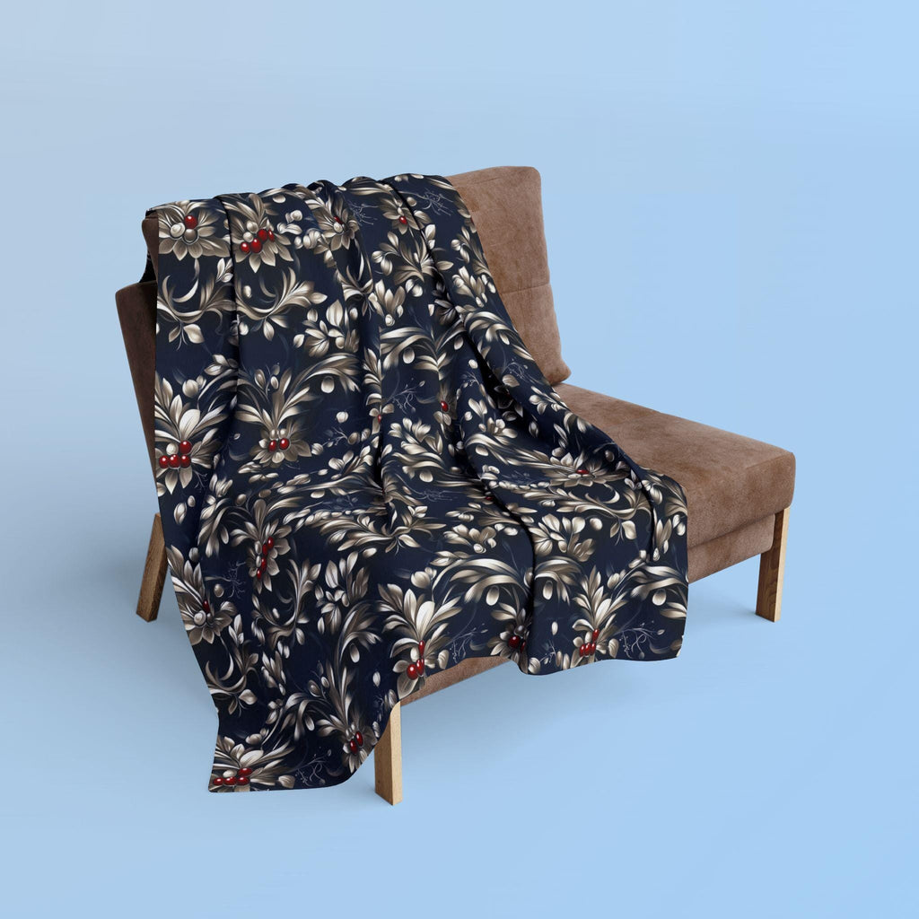 Blue & Silver Holly Fleece Blanket: Festive Christmas Decor