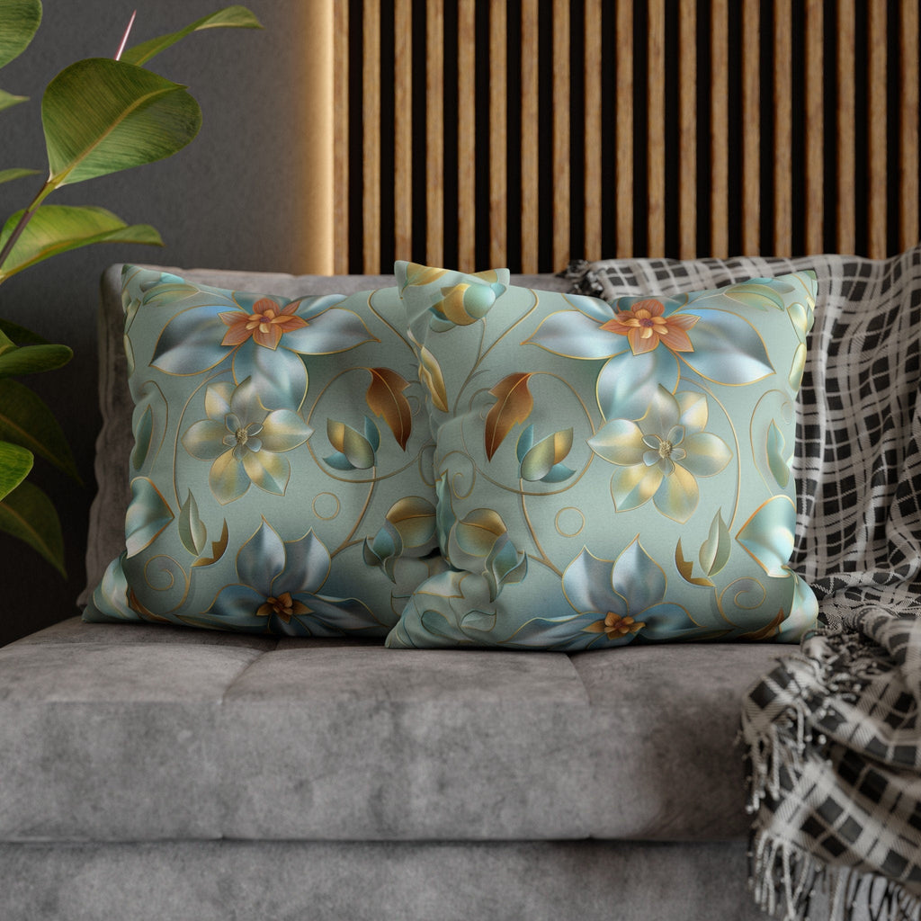 Floral Pillow Cover: Muted Teal Blue, Gold Magnolia Design