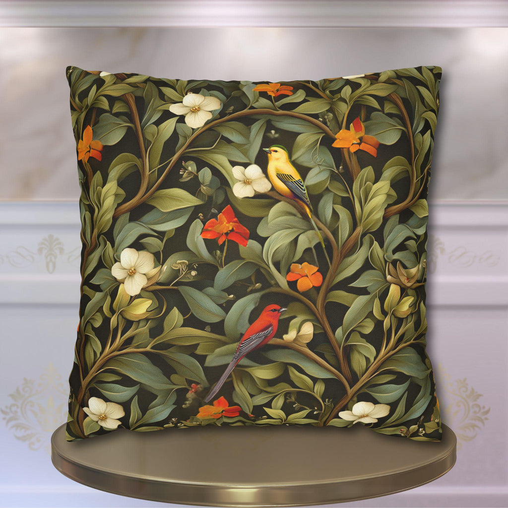 William Morris Inspired Autumn Songbird Pillow Cover: Olive and Pumpkin Arts & Crafts Heritage Design
