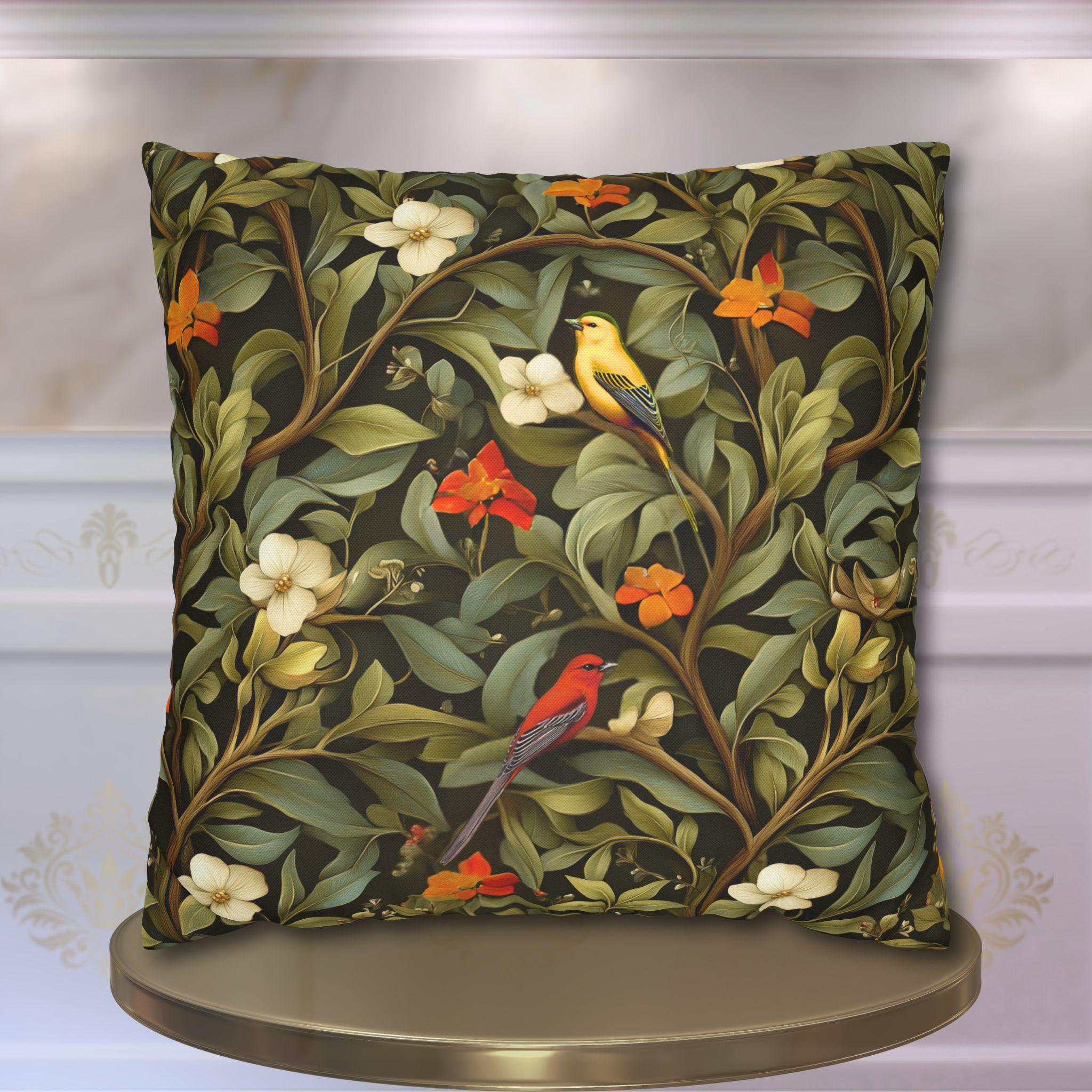 William Morris Inspired Autumn Songbird Pillow Cover: Olive and Pumpkin Arts & Crafts Heritage Design