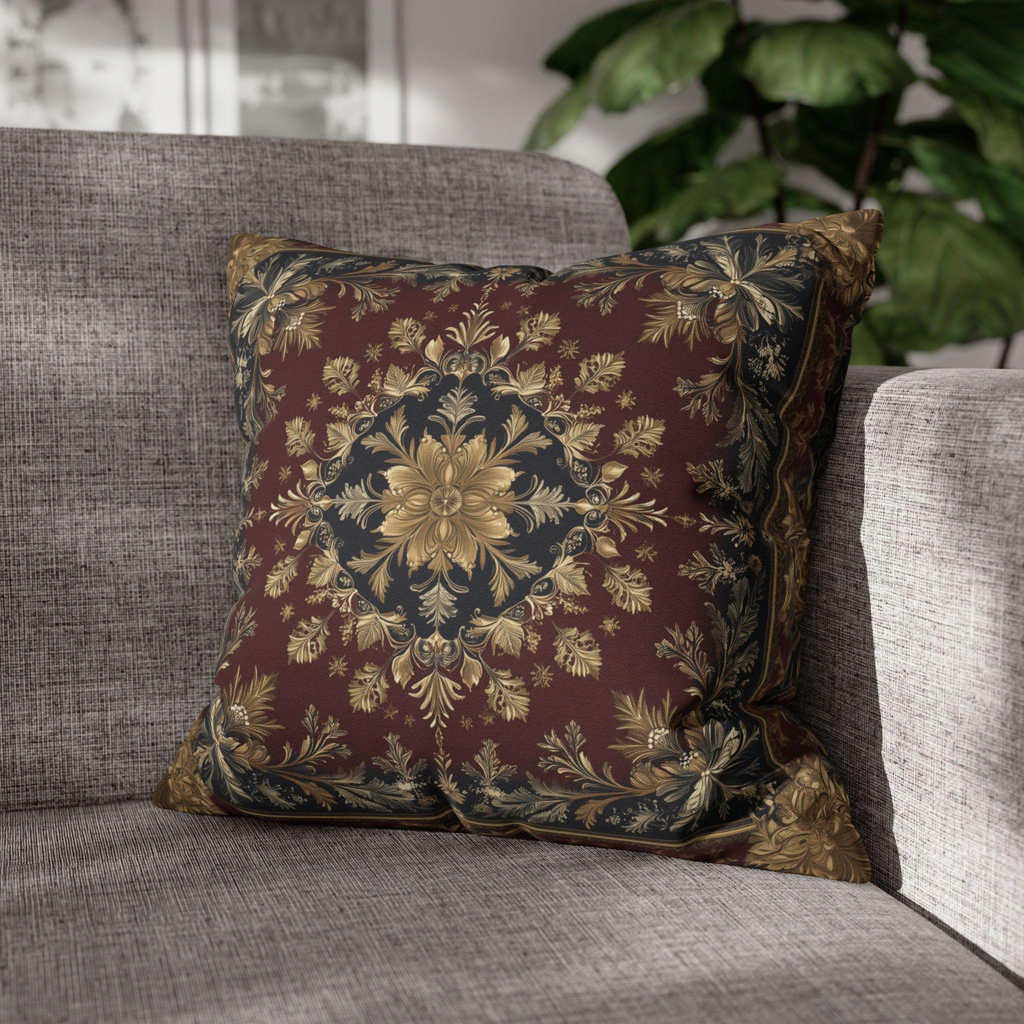 Vintage Inspired Pillow Cover: Gold Floral Burgundy Cushion