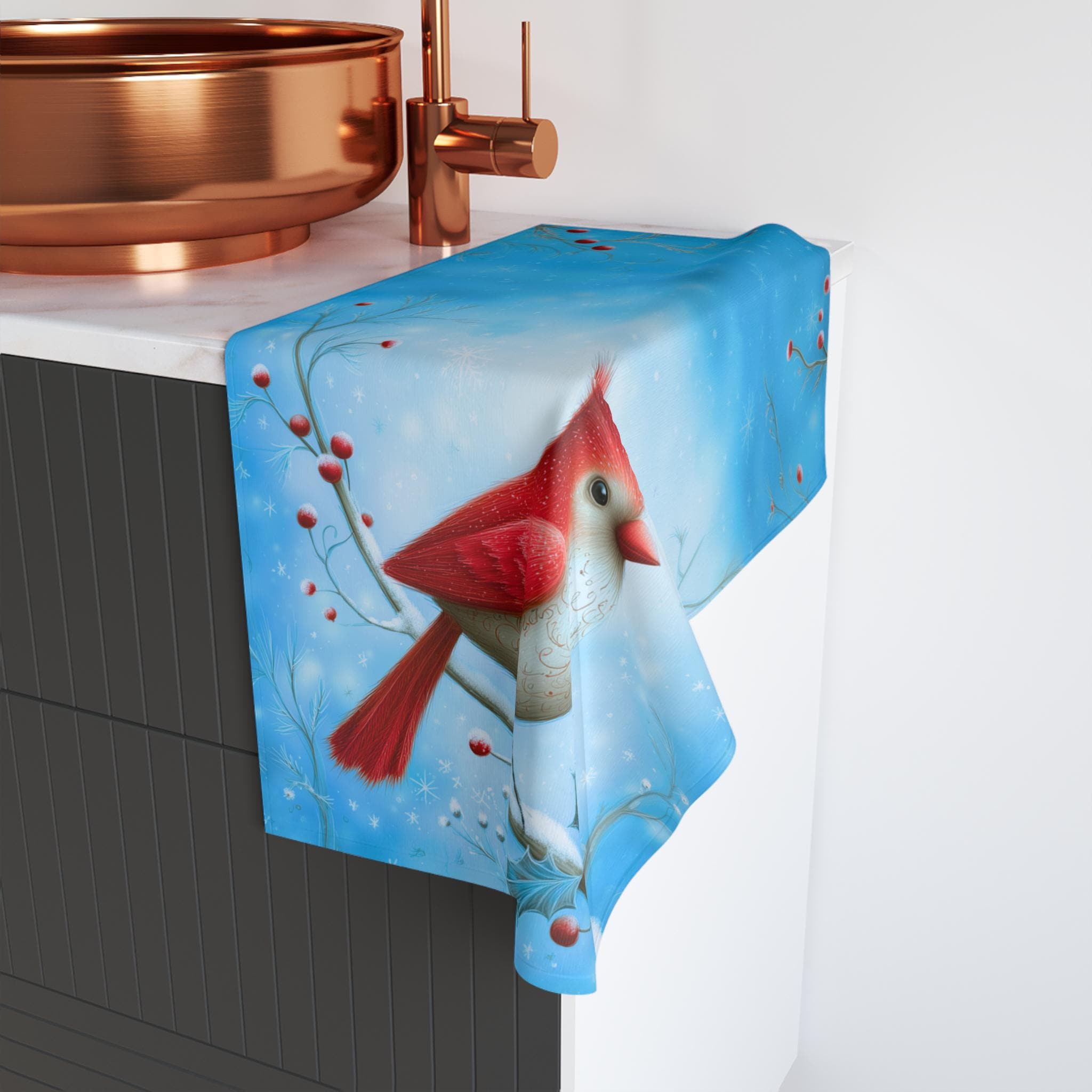 Winter Cardinal Bird Hand Towel: Frosty Blue Holiday Tea Towel