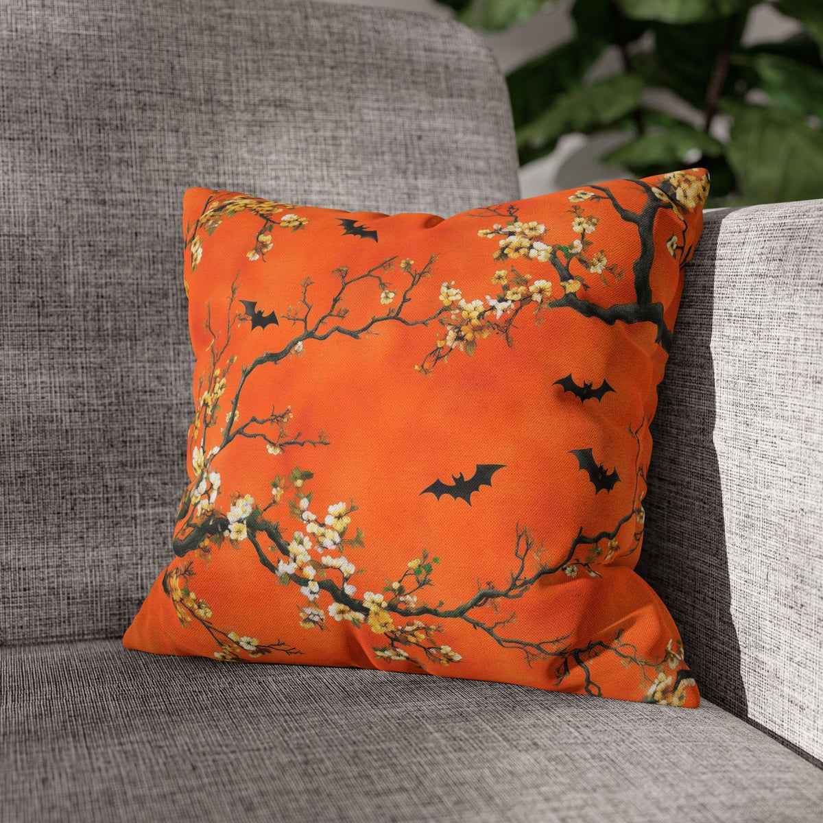 Halloween Chinoiserie Pillow Cover: Bright Orange Five Bats Decor