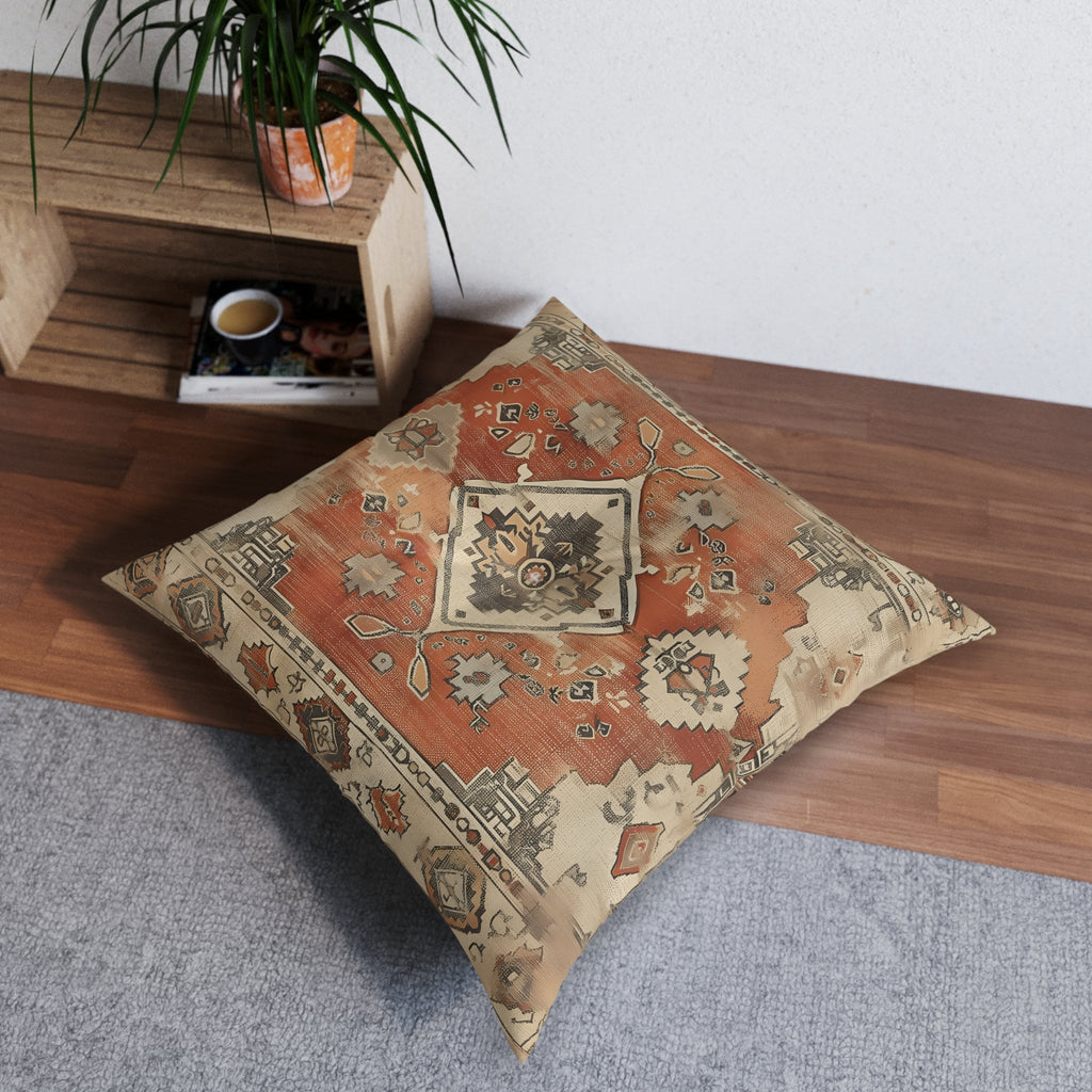 Persian Tribal Diamond Medallion Tufted Floor Cushion - Antique Tapestry Design Earth Tone Seating