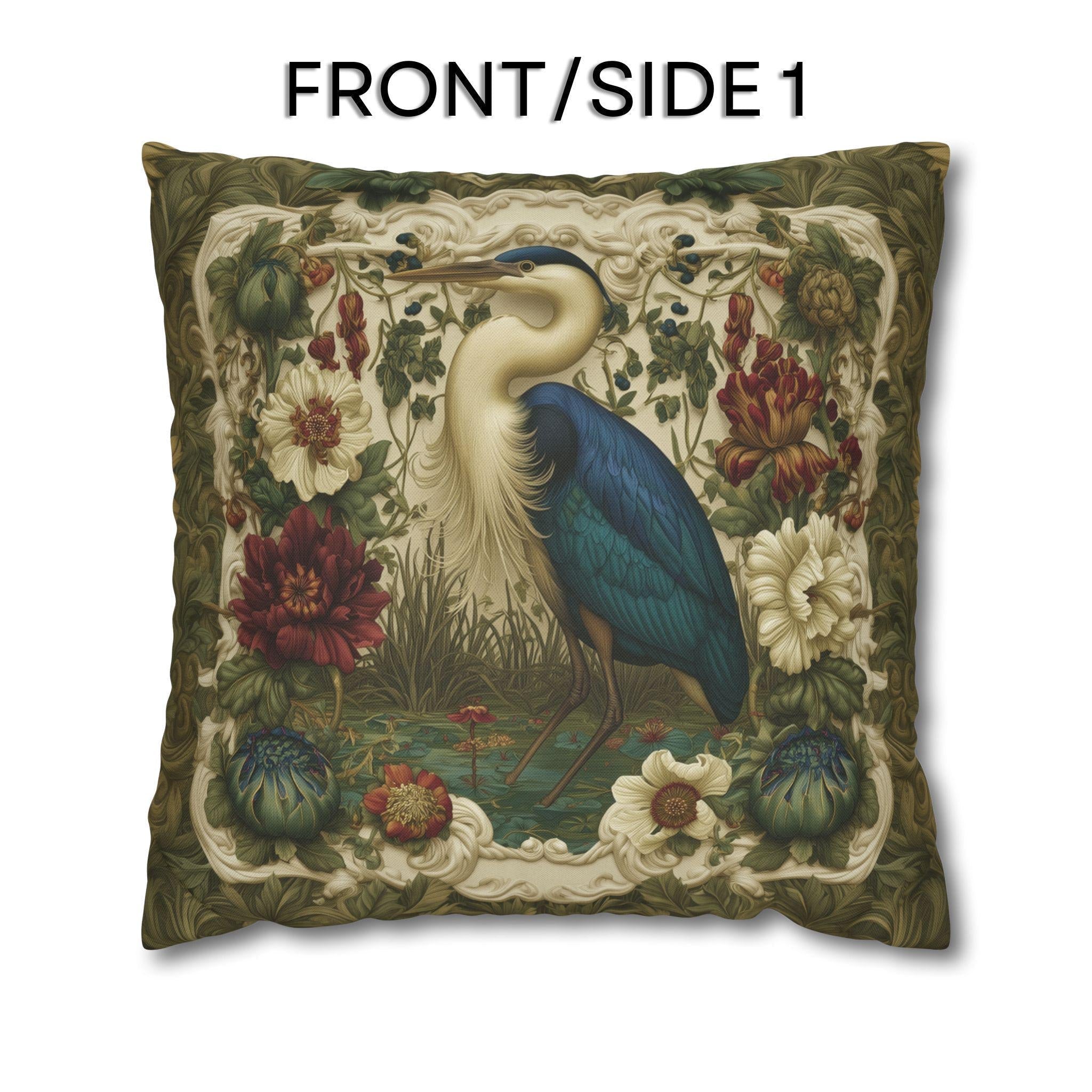 William Morris Style Heron Pillow Cover: Botanical Marsh Floral Art