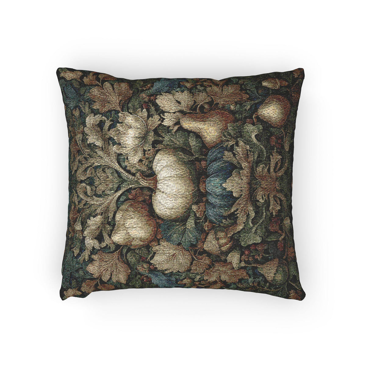 a square throw pillow with a detailed floral and leaf pattern in shades of green, brown, and white.
