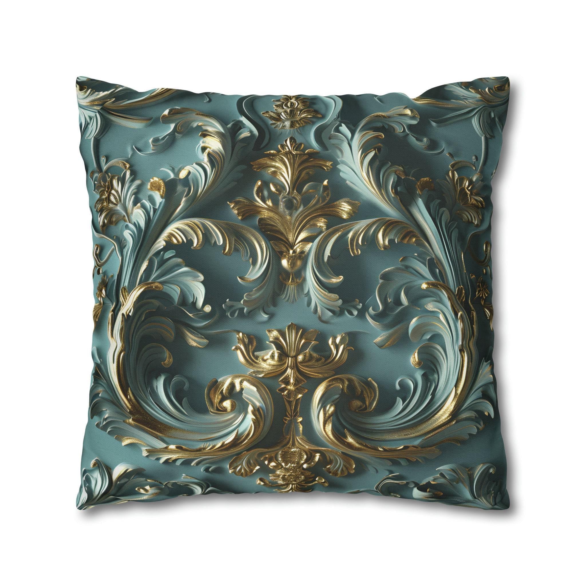 Luxurious Rococo Square Throw Pillow Cover: Teal and Soft Gold Cushion Case