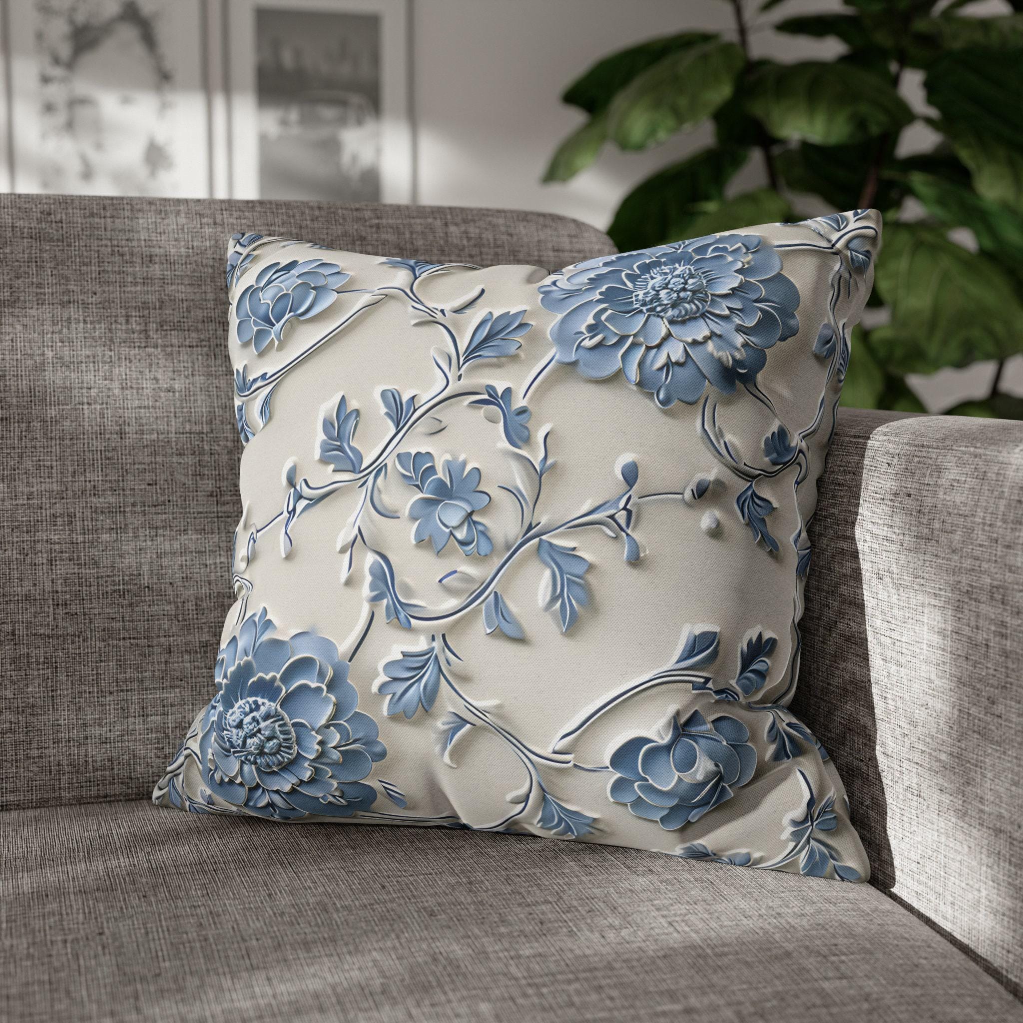Blue Floral Chinoiserie Pillow Cover: Elegant Home Decor