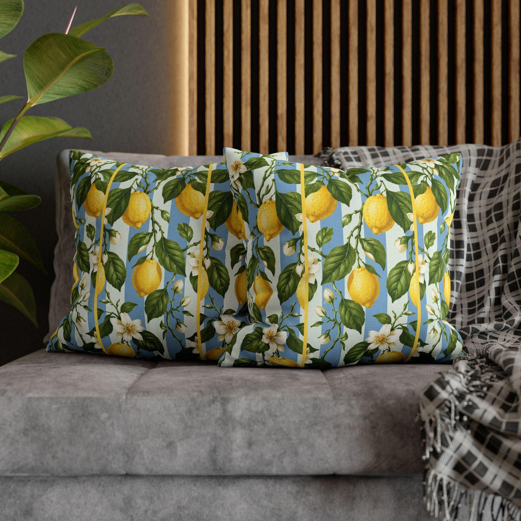 Lemon Soft Blue Stripe Pillow Cover: with Green Leaves and White Florals
