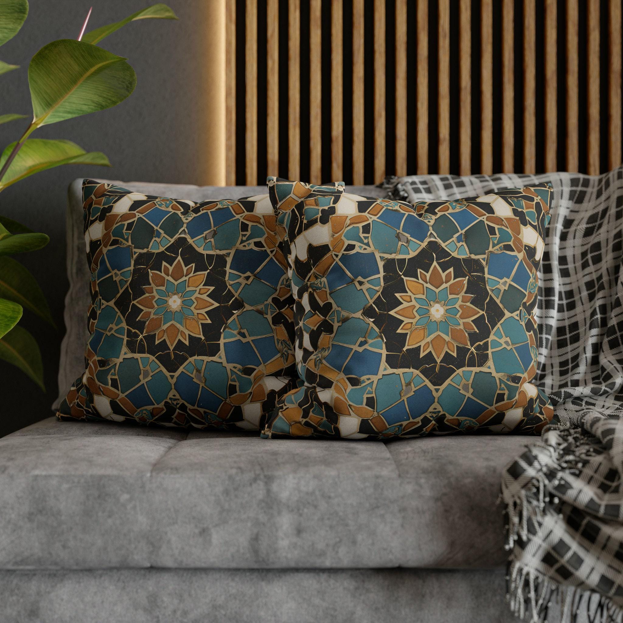 Luxurious Moroccan Tilework Inspired Pillow Cover: Teal, Beige, Brown Geometric Cushion Case