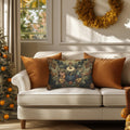 William Morris Inspired Autumn Harvest Tapestry Lumbar Pillow: Deep Teal with Ivory Blue & Gold