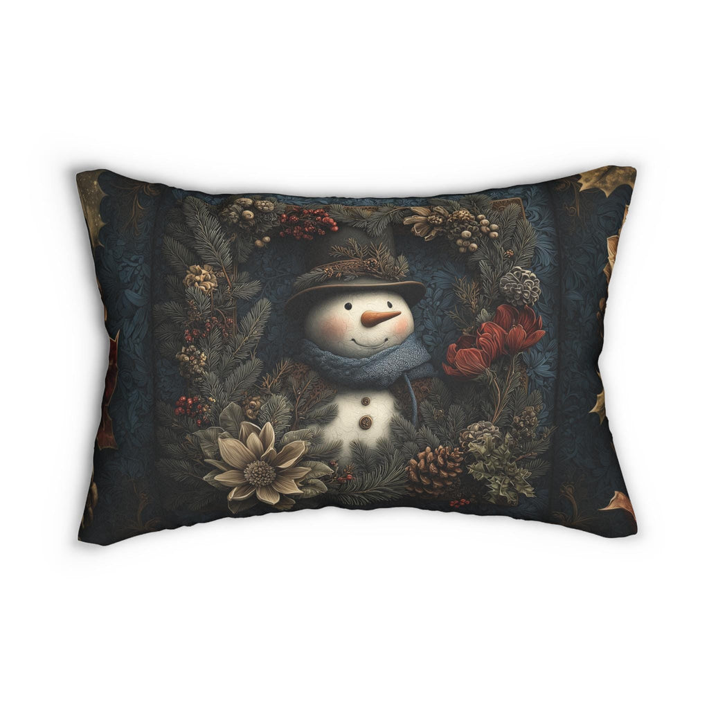 Winter Woodland Snowman Lumbar Pillow: William Morris Style with Pine, Florals & Vintage Charm