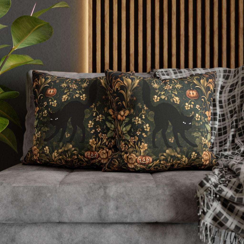 William Morris Inspired Fall Pillow Cover: Black Cat Halloween Botanical Decor