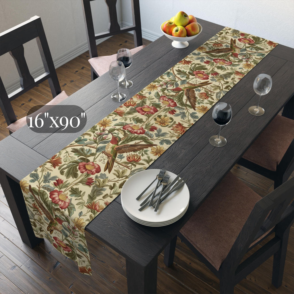 William Morris Table Runner: Vintage Style Botanical Hummingbird Floral Accent