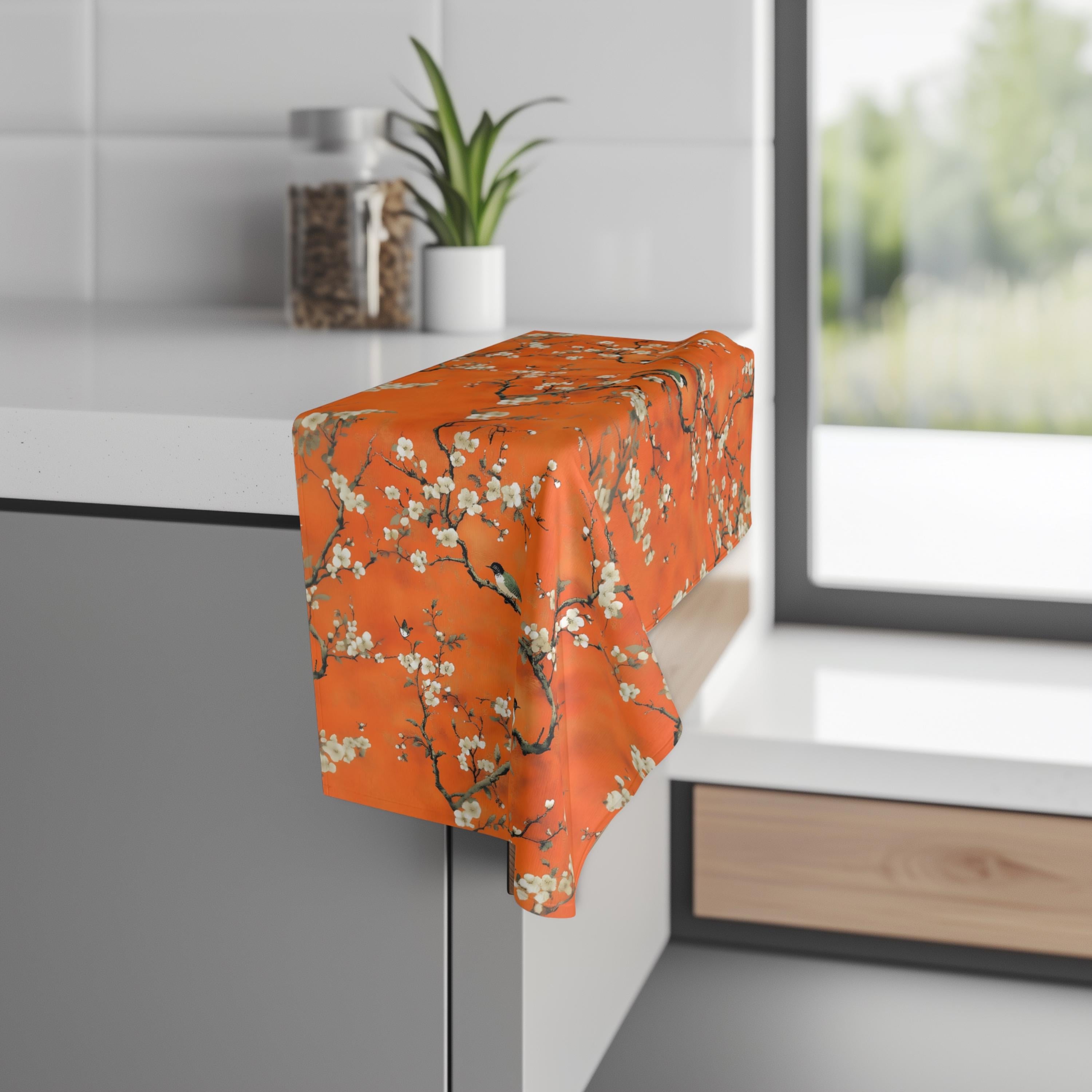 Chinoiserie Hand Towel: Burnt Orange with Blossoms and Birds for Asian-Inspired Decor