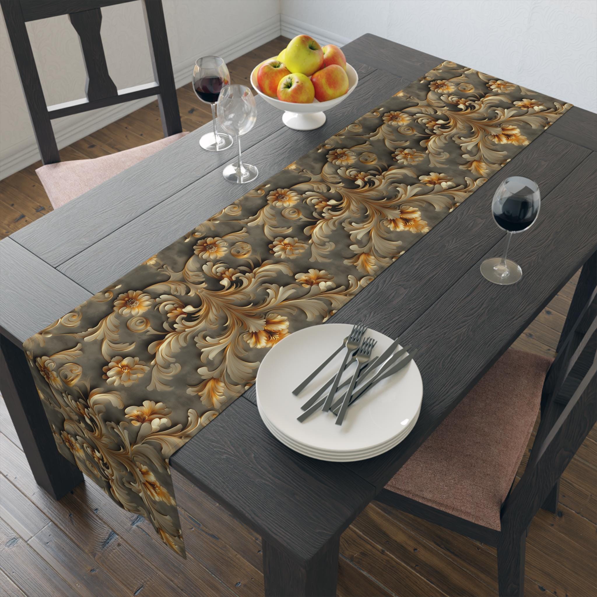 French Damask Table Runner, Golden Floral Elegant Home Decor