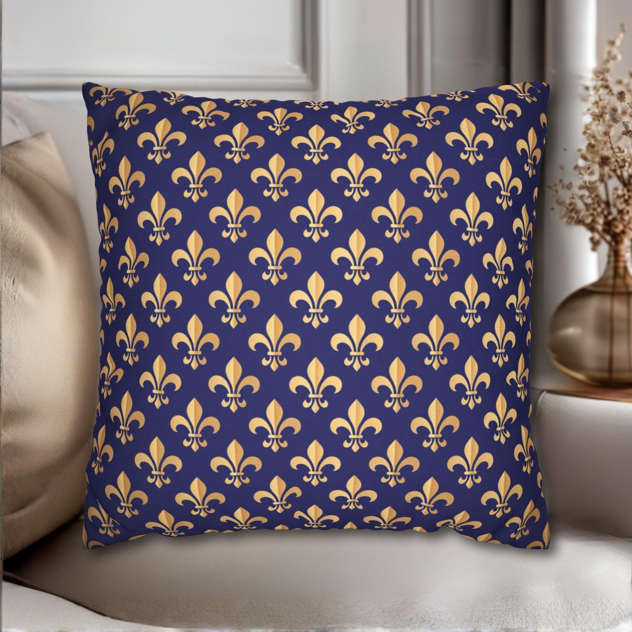 Gold and Royal Blue Fleur de Lys Pillow Cover: Classic French Heraldic Pattern