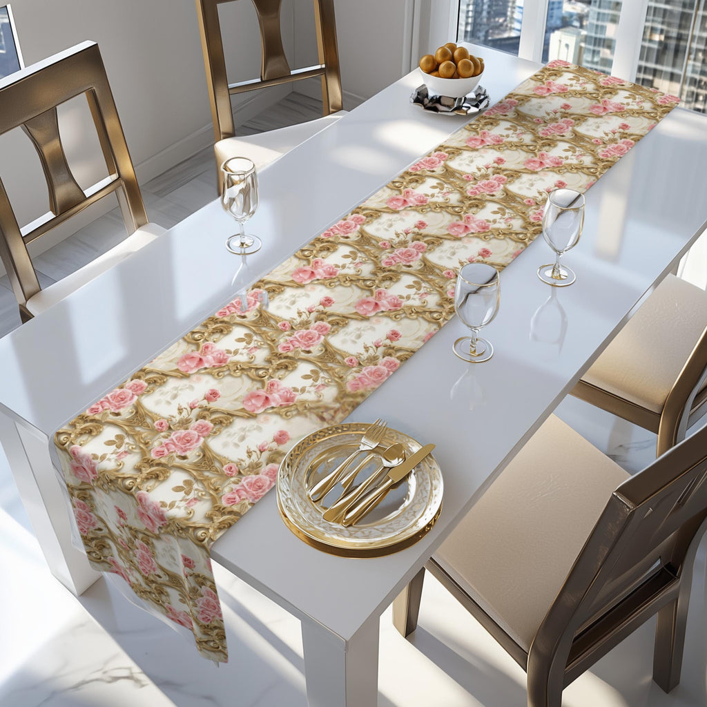 Wedding Table Runner with Pink Roses and Gold Scrollwork: Romantic Floral Decor