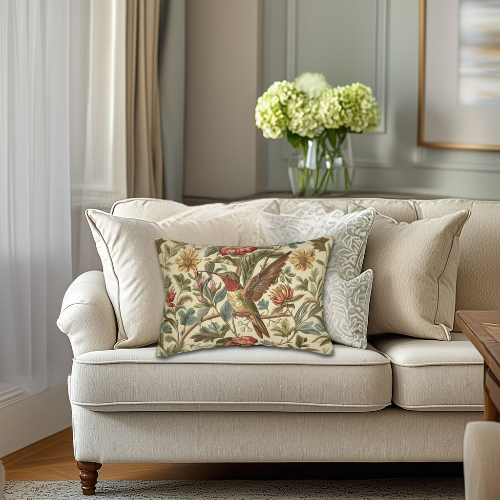 William Morris Hummingbird Lumbar Pillow: Vintage Style Botanical Bird Floral Accent