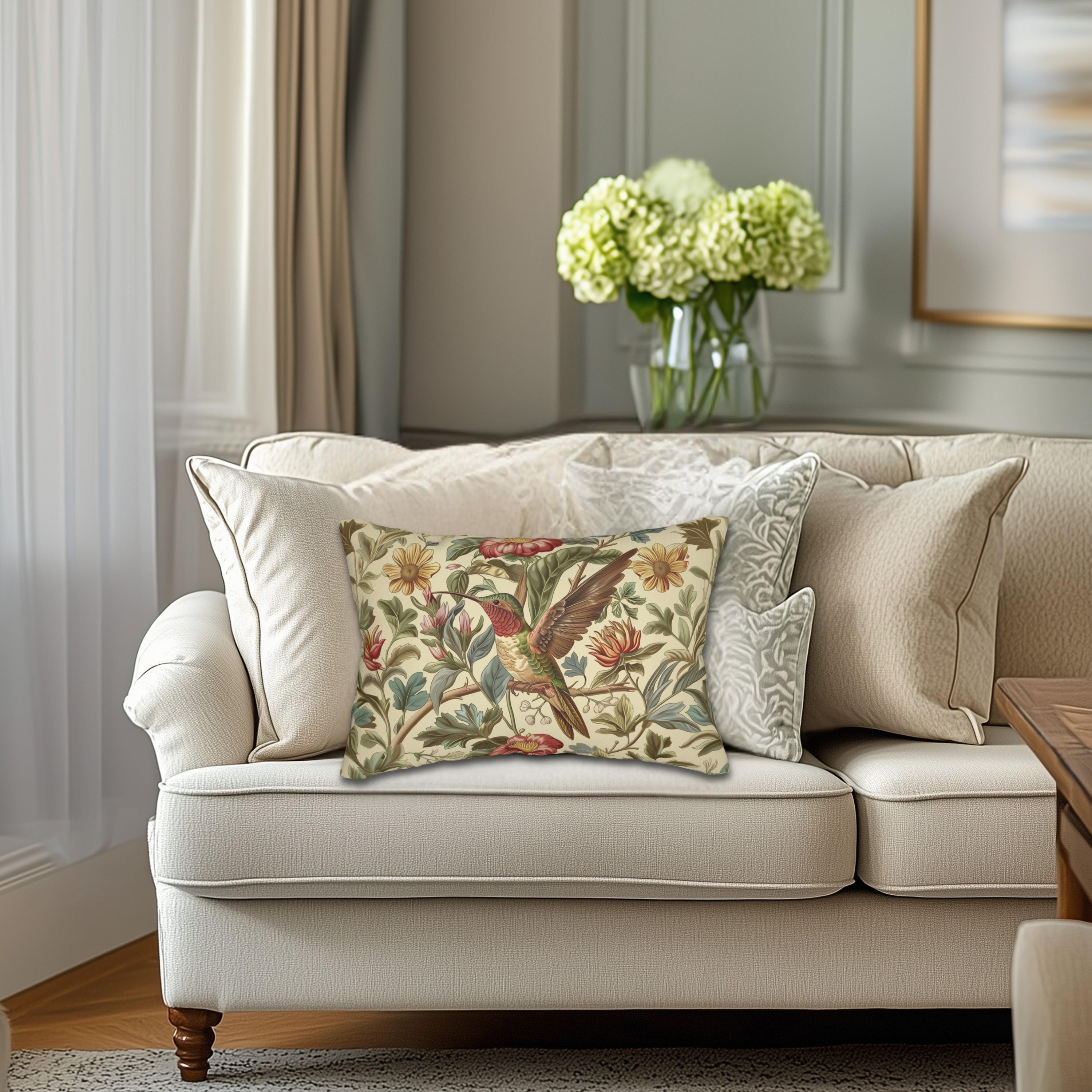 William Morris Hummingbird Lumbar Pillow: Vintage Style Botanical Bird Floral Accent