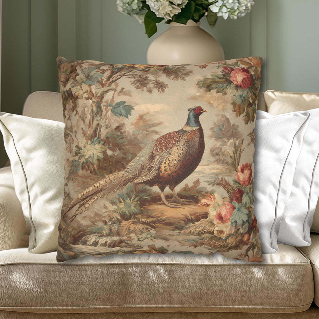 French Country Pheasant Throw Pillow Cover: Vintage Style Toile Bird Design
