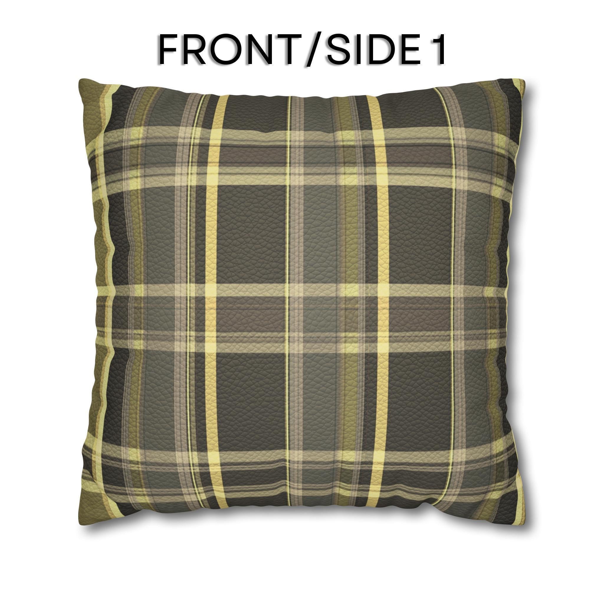 Vegan Faux Suede Material Printed Pillow Cover: Modern Olive & Golden Yellow Plaid Soft Leather-Look