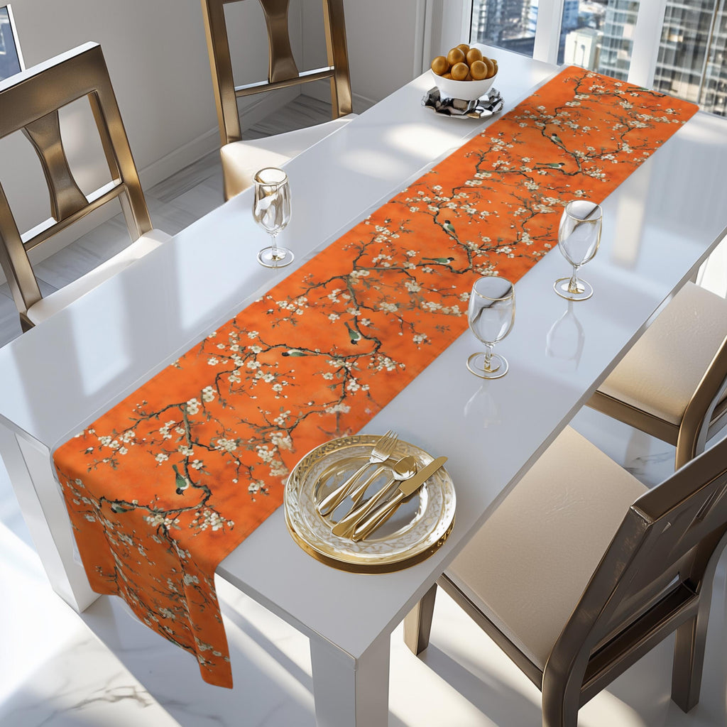 Chinoiserie Table Runner:  Burnt Orange with White Blossoms and Birds for Asian-Inspired Decor