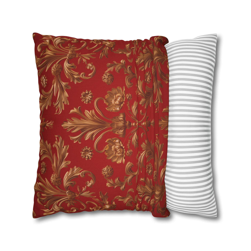Baroque Floral Christmas Pillowcase: Rich Red, Antique Gold Spun Polyester Square Throw Pillow Cover
