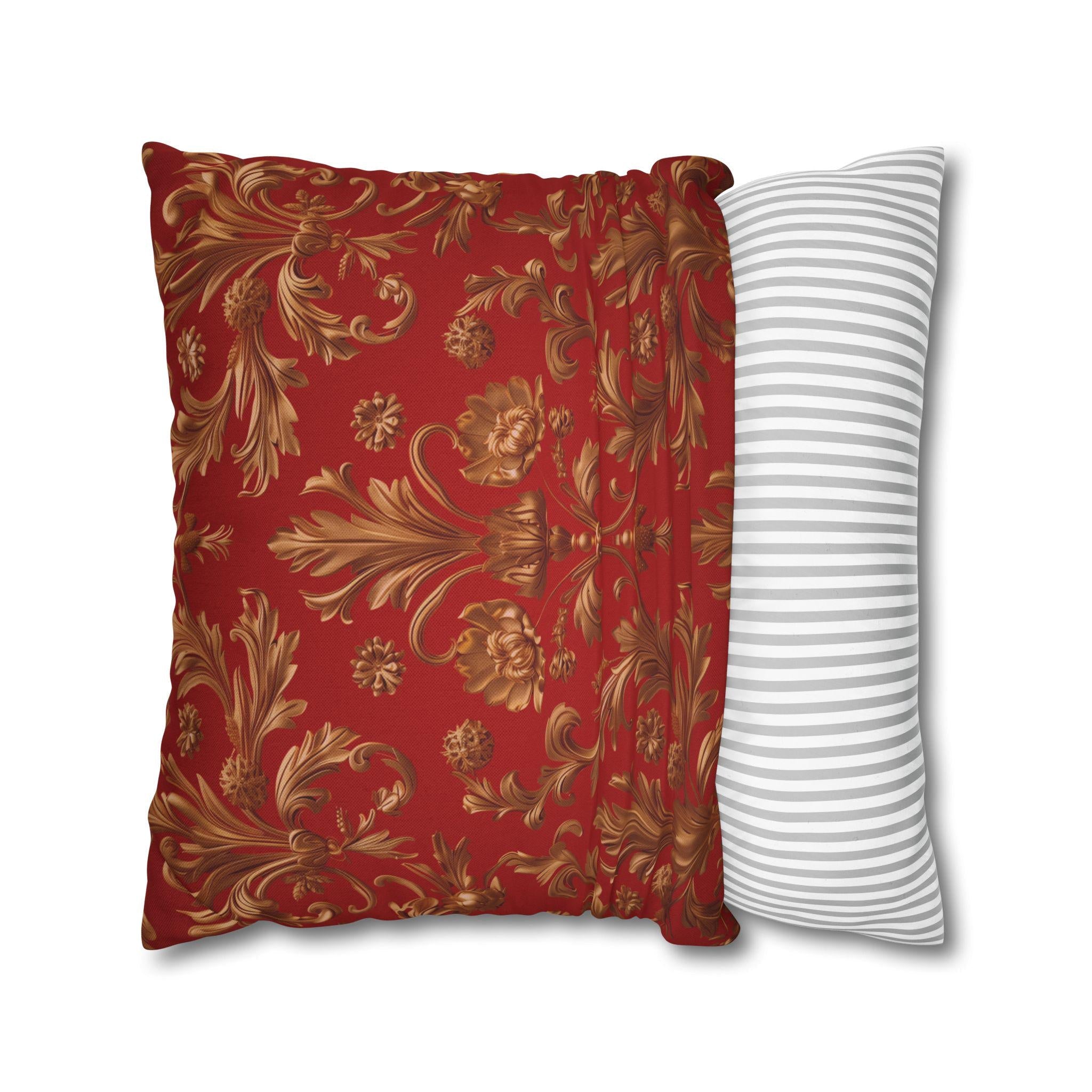 Baroque Floral Christmas Pillowcase: Rich Red, Antique Gold Spun Polyester Square Throw Pillow Cover