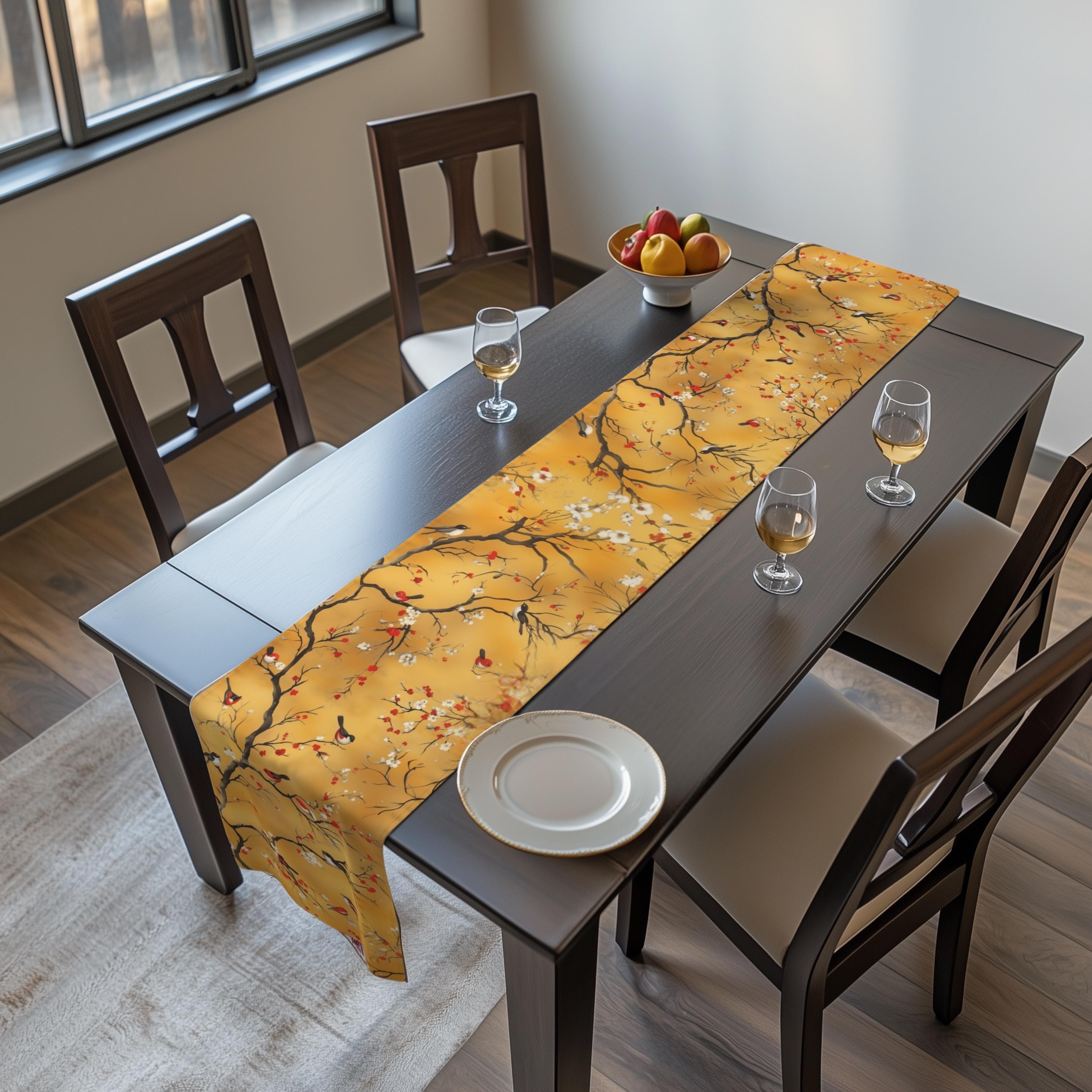 Chinoiserie Table Runner: Gold, Red Blossoms & Birds - Asian Decor