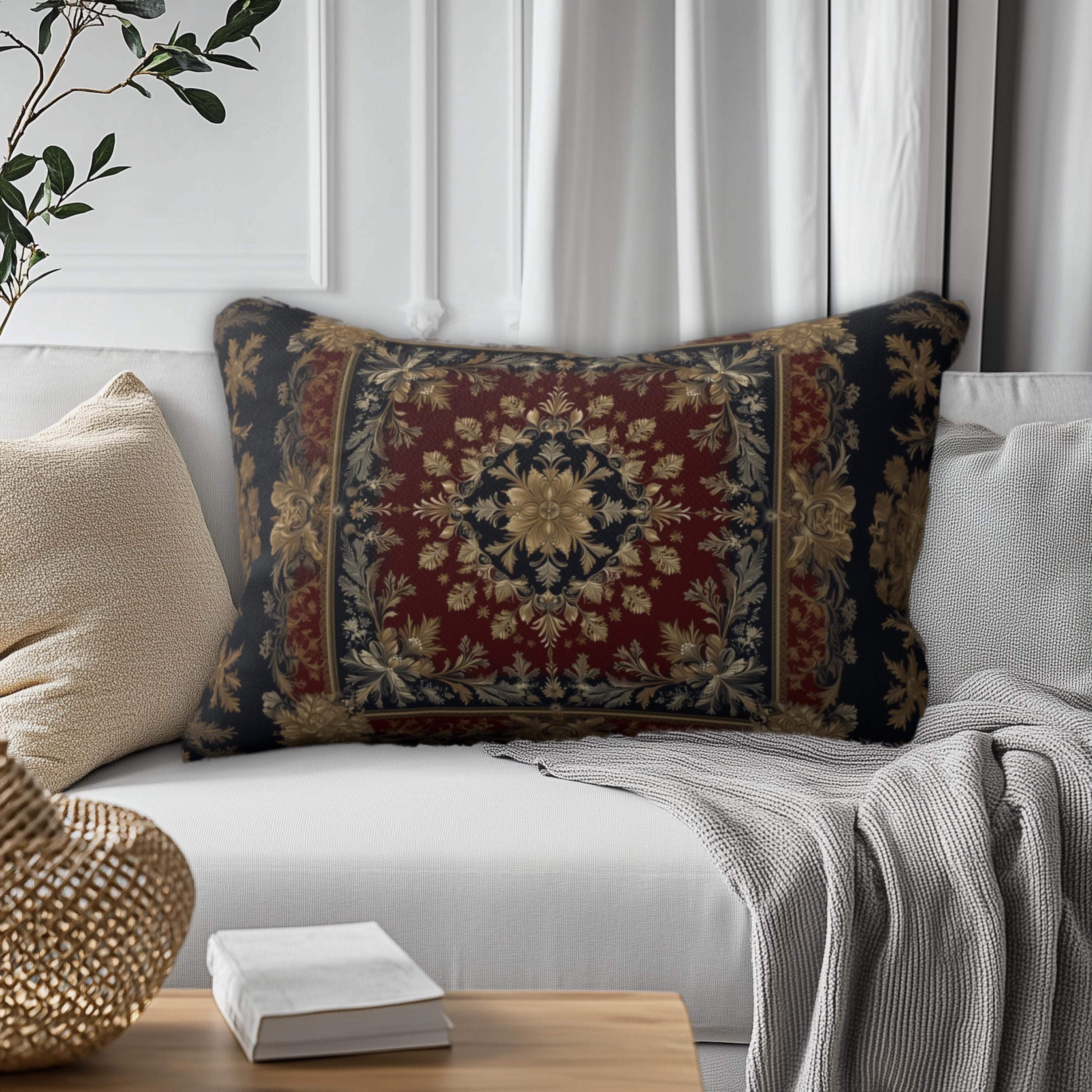 Elegant Vintage-Inspired Lumbar Pillow: Gold, Burgundy & Navy Luxury Cushion for Antique-Style Home Decor