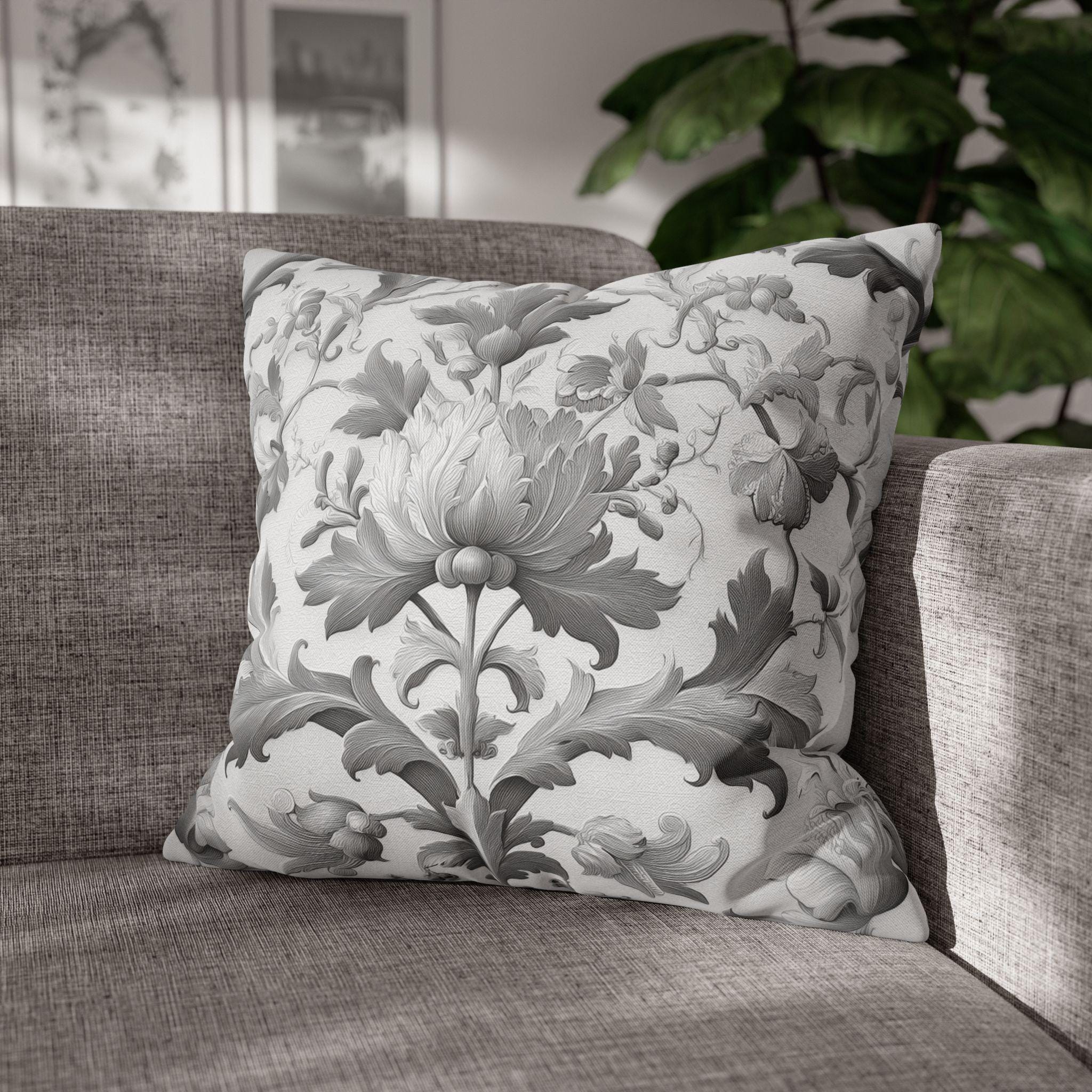 Jacobean Floral Pillow Cover: Gray & White Vintage Decor
