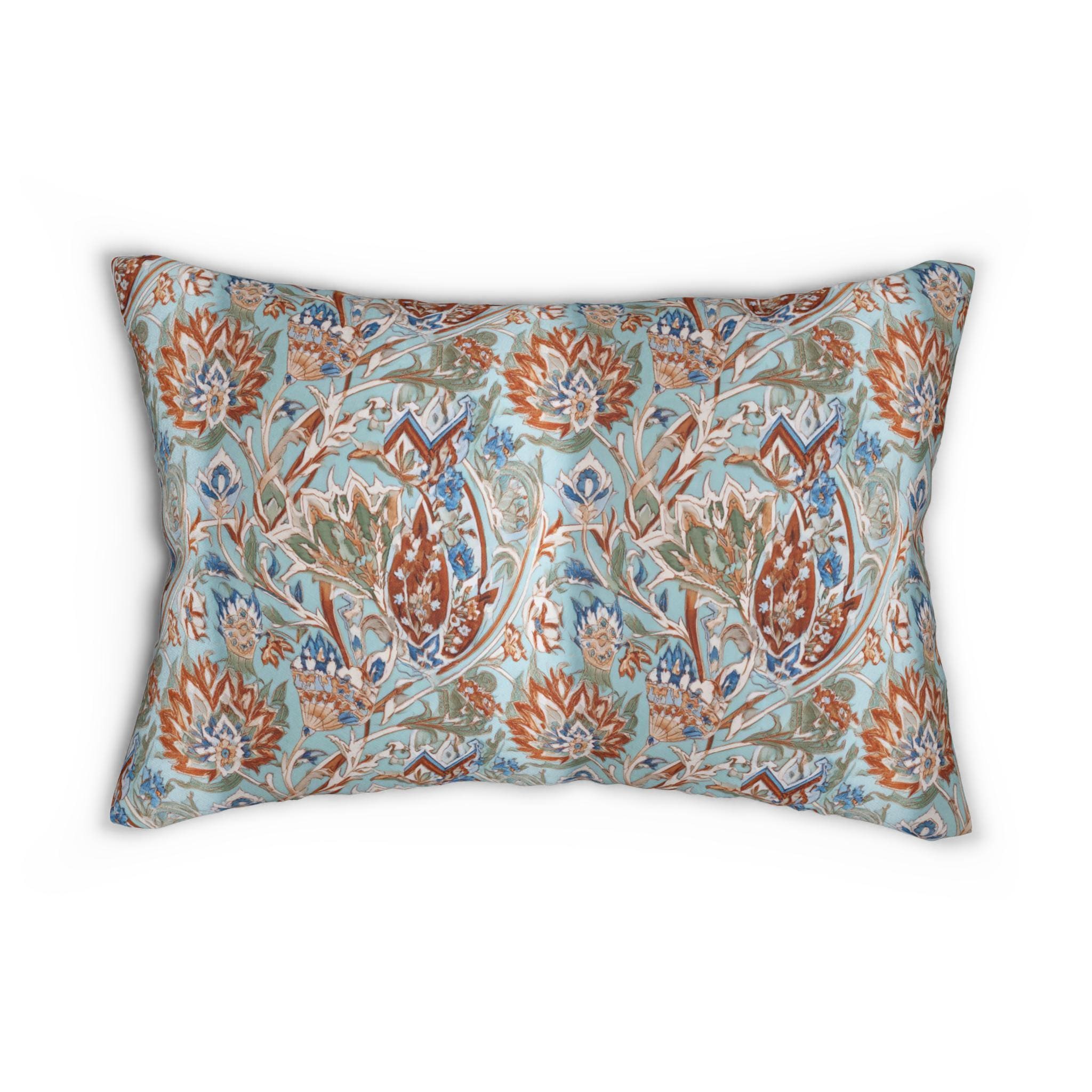 Ottoman Garden Lumbar Pillow: Iznik-Style Tulips, Aqua Ground, Global Sophistication