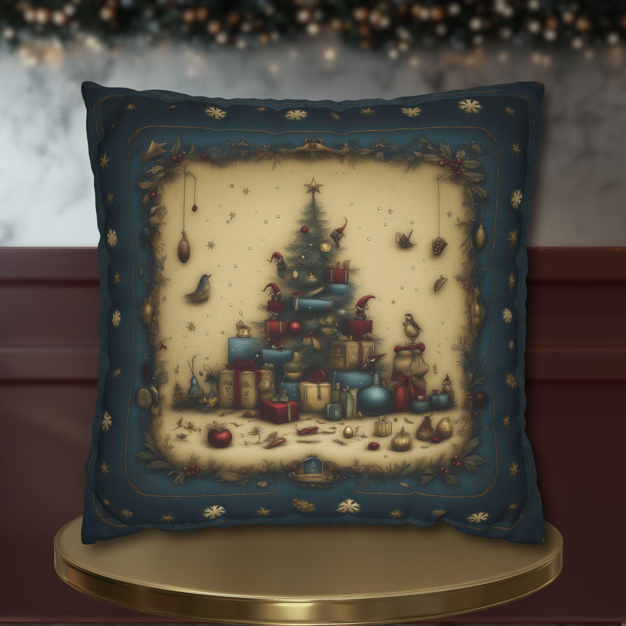 Vintage Style Christmas Tree & Presents Pillow Cover:  Heirloom Nostalgic Winter Holiday Decor