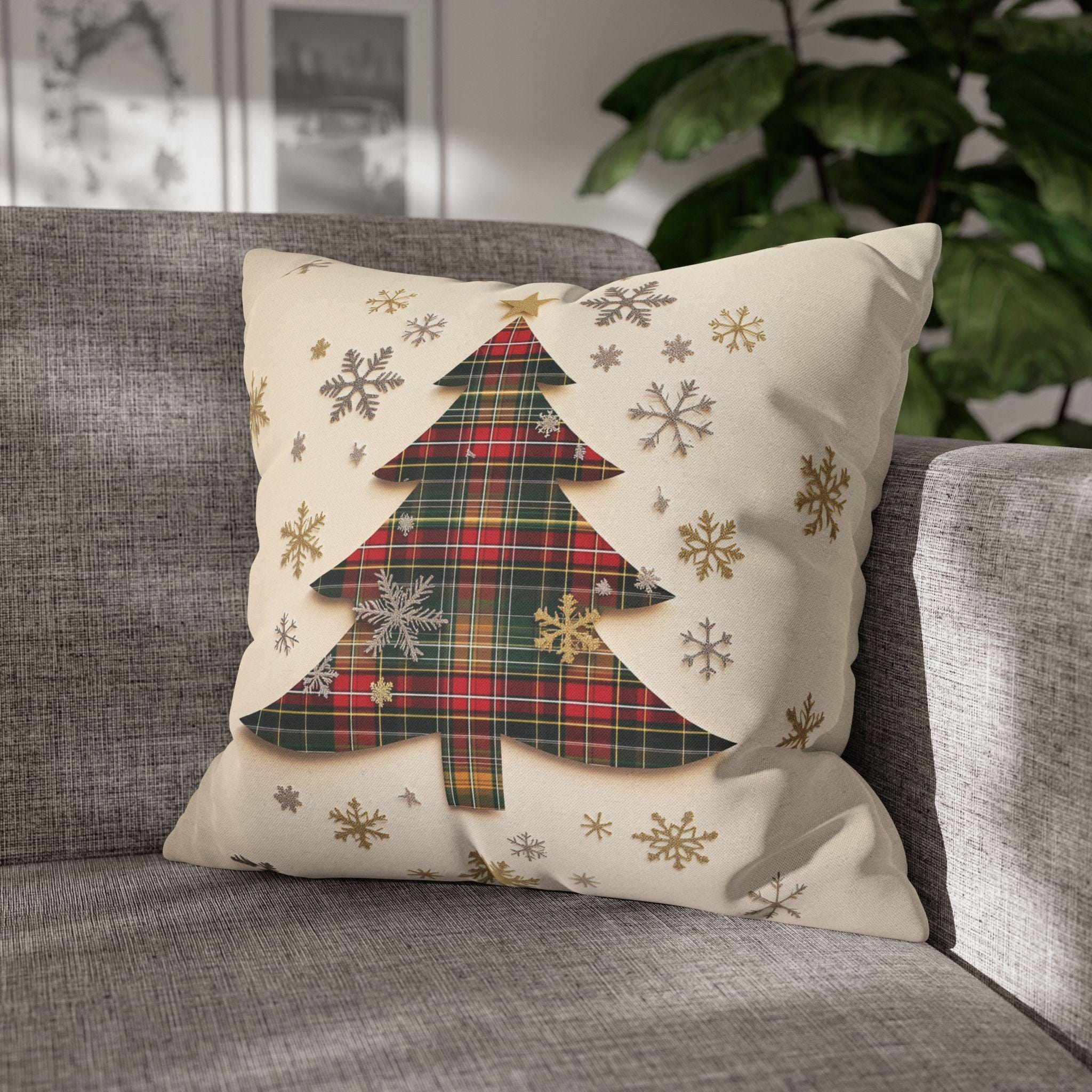 Tartan Christmas Tree Pillow Cover: Rustic Plaid Holiday Cushion Case